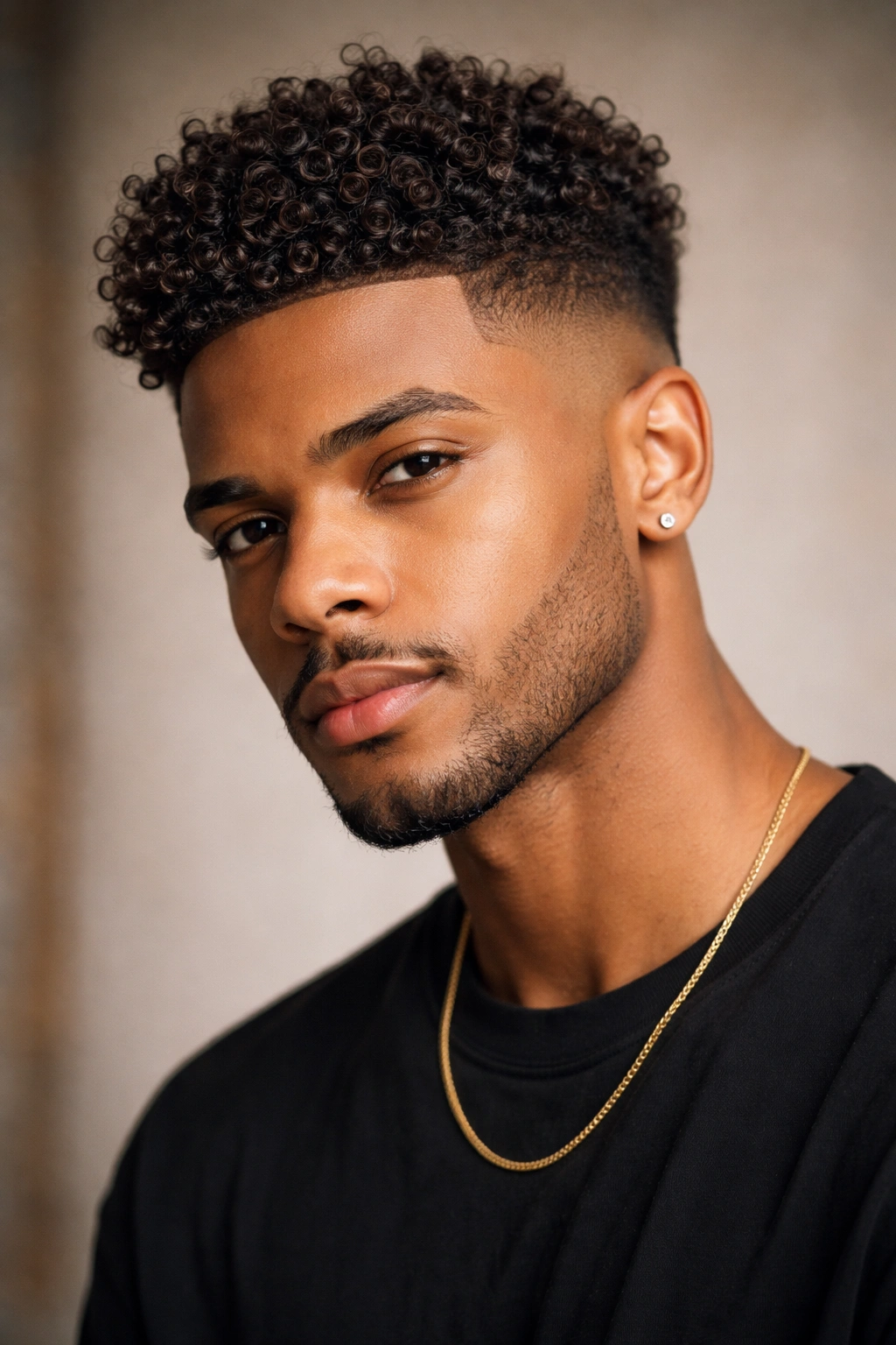 Curly top with a tapered fade featuring defined curls on top.