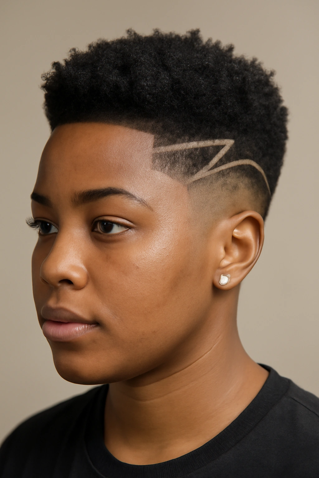 Black woman with tapered fade and geometric designs