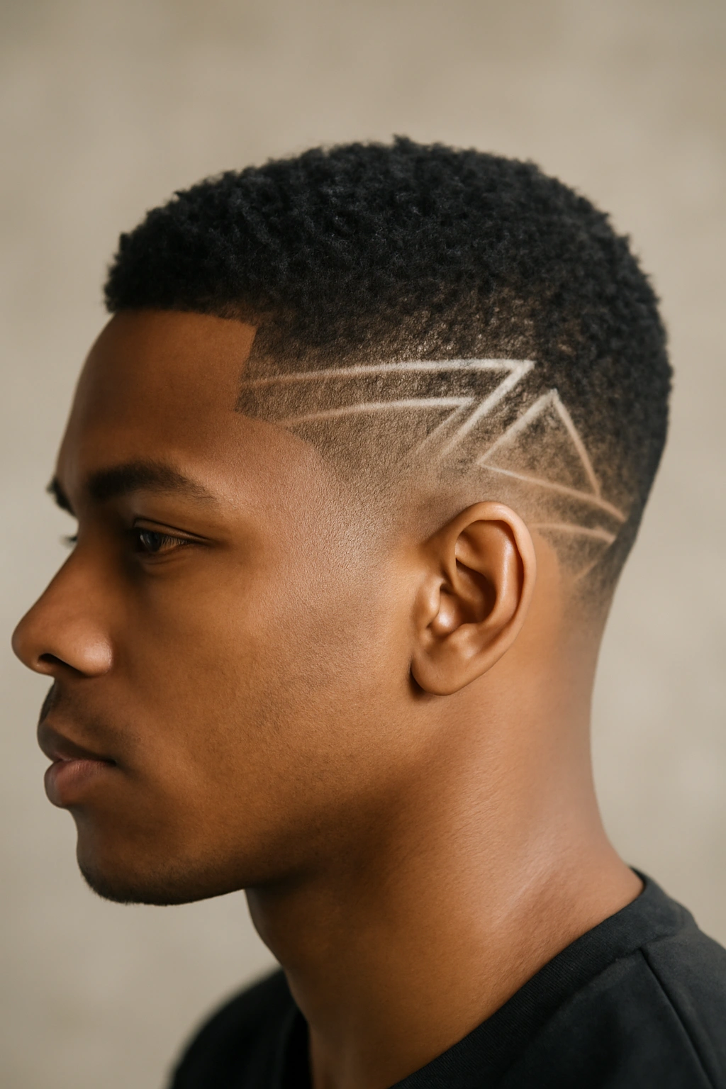 Close-up of tapered fade with geometric side patterns, wedding-ready hairstyle