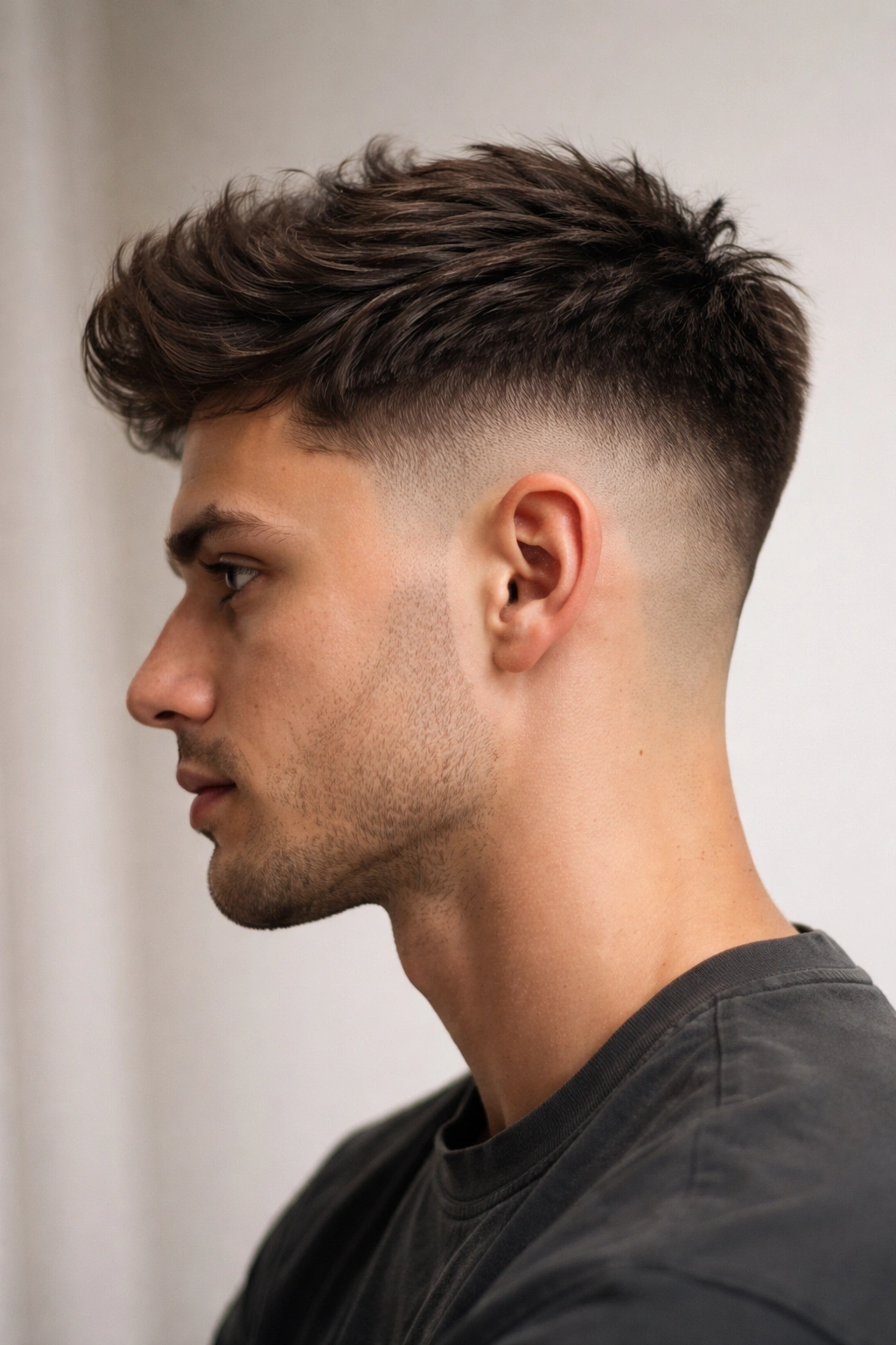 Tapered fade hairstyle with long top and gradual sides fade