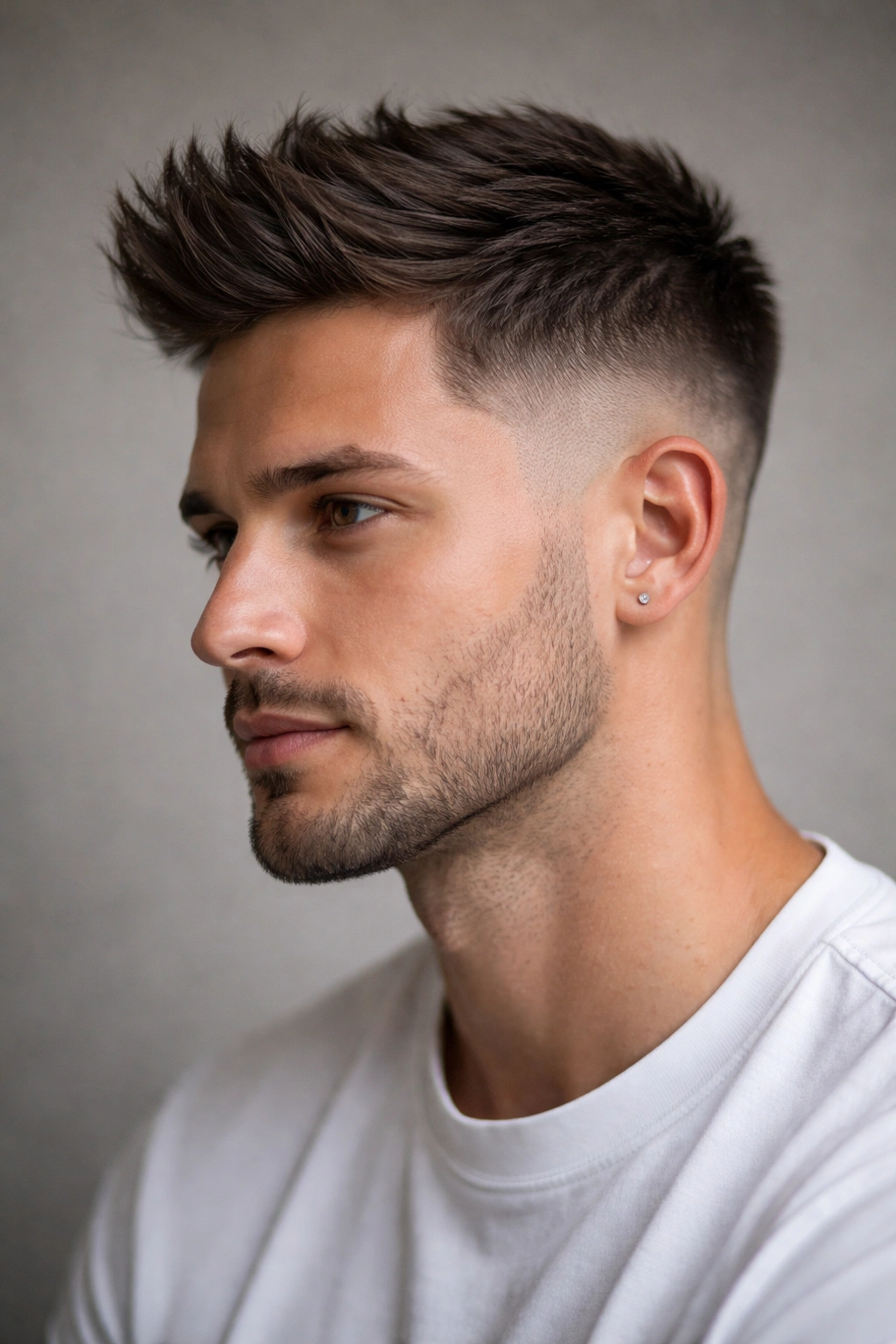 Close-up portrait showing a tapered fade on the sides with a longer top and no bangs