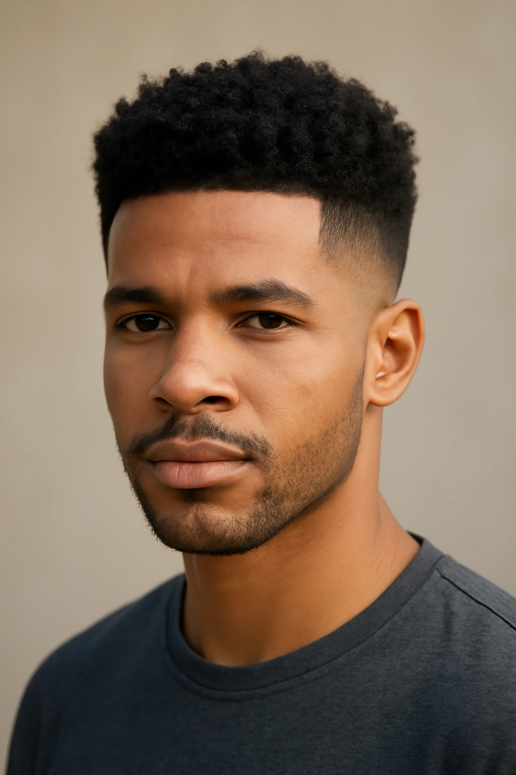 Close-up portrait of a tapered fade haircut on a head and shoulders in a neutral studio.