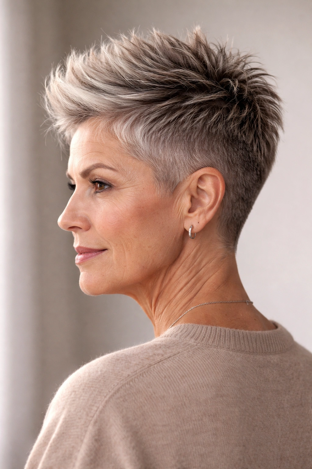Profile of a mature woman with a tapered fade on the sides and a lifted, textured top.