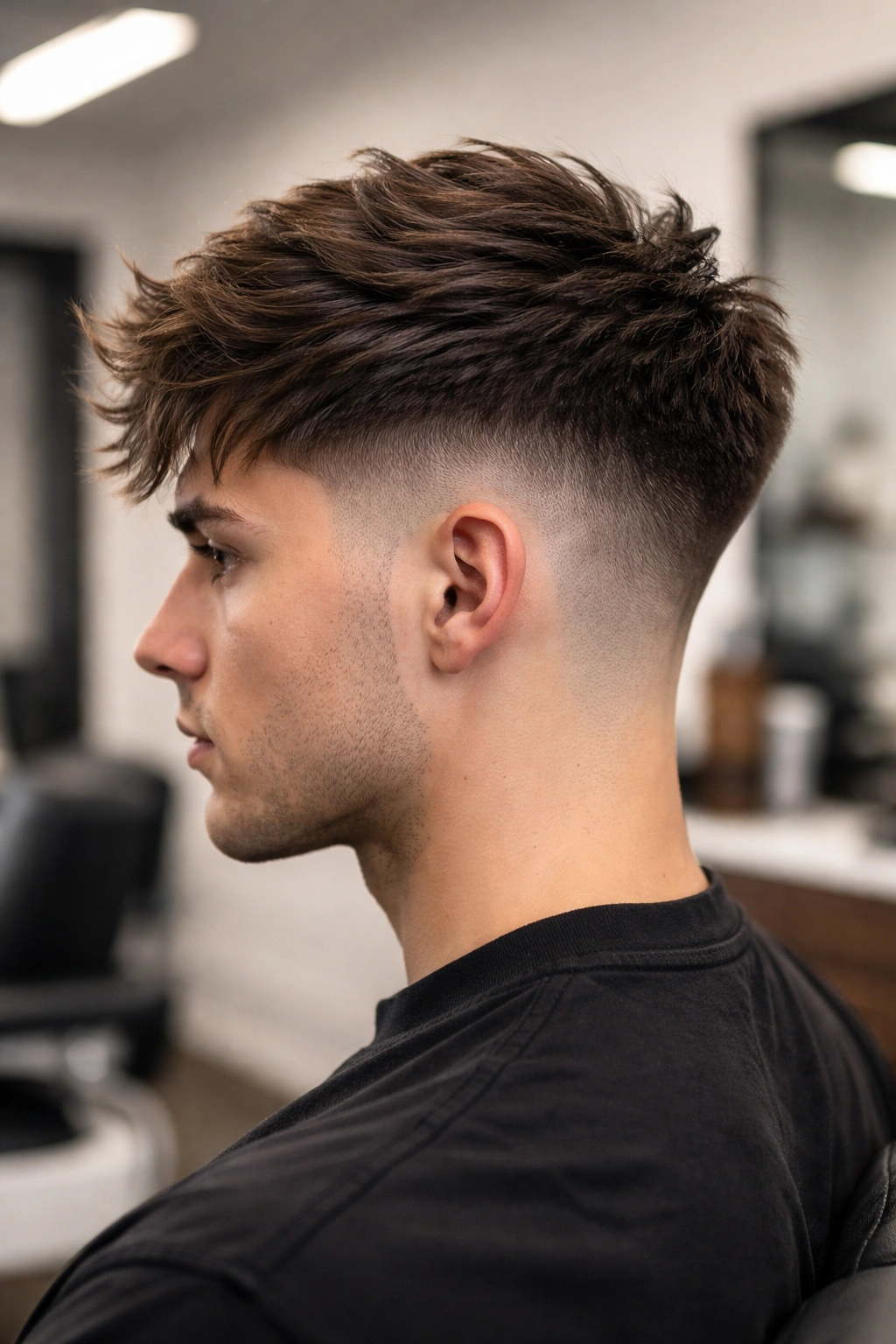 Side profile of tapered layered fade showing high fade on sides and textured top