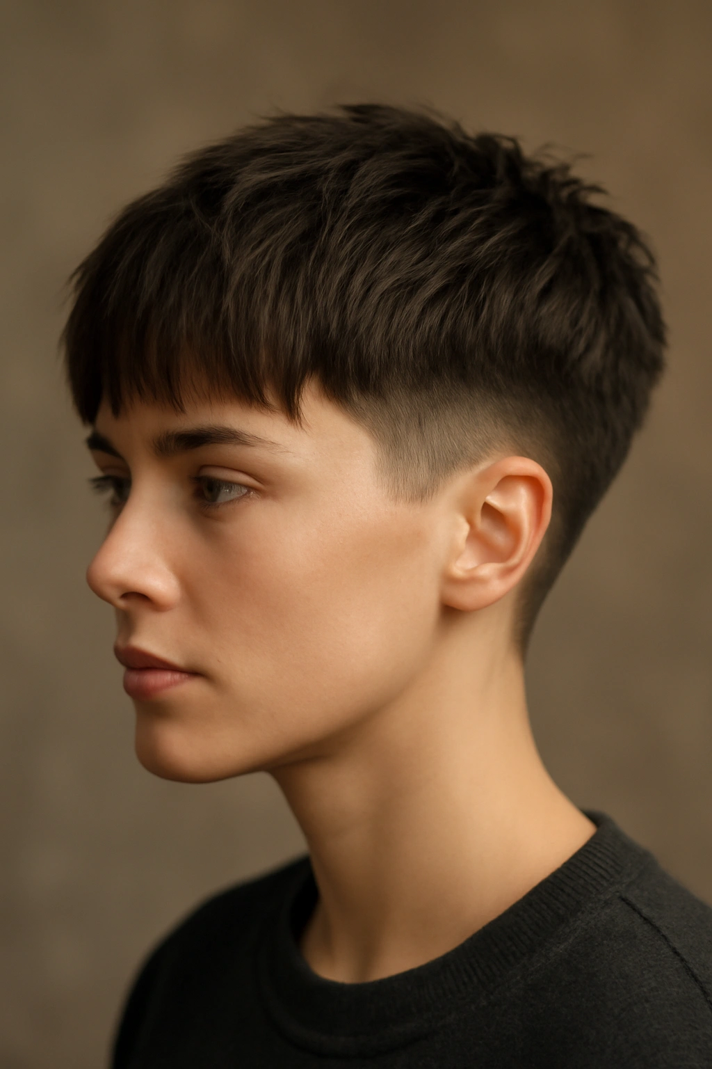 Tapered fade hairstyle with longer top layers and bangs