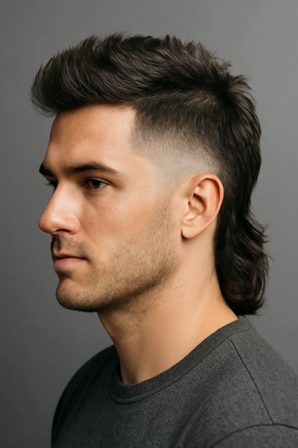 Three-quarter view of a tapered fade mullet with skin fade on sides