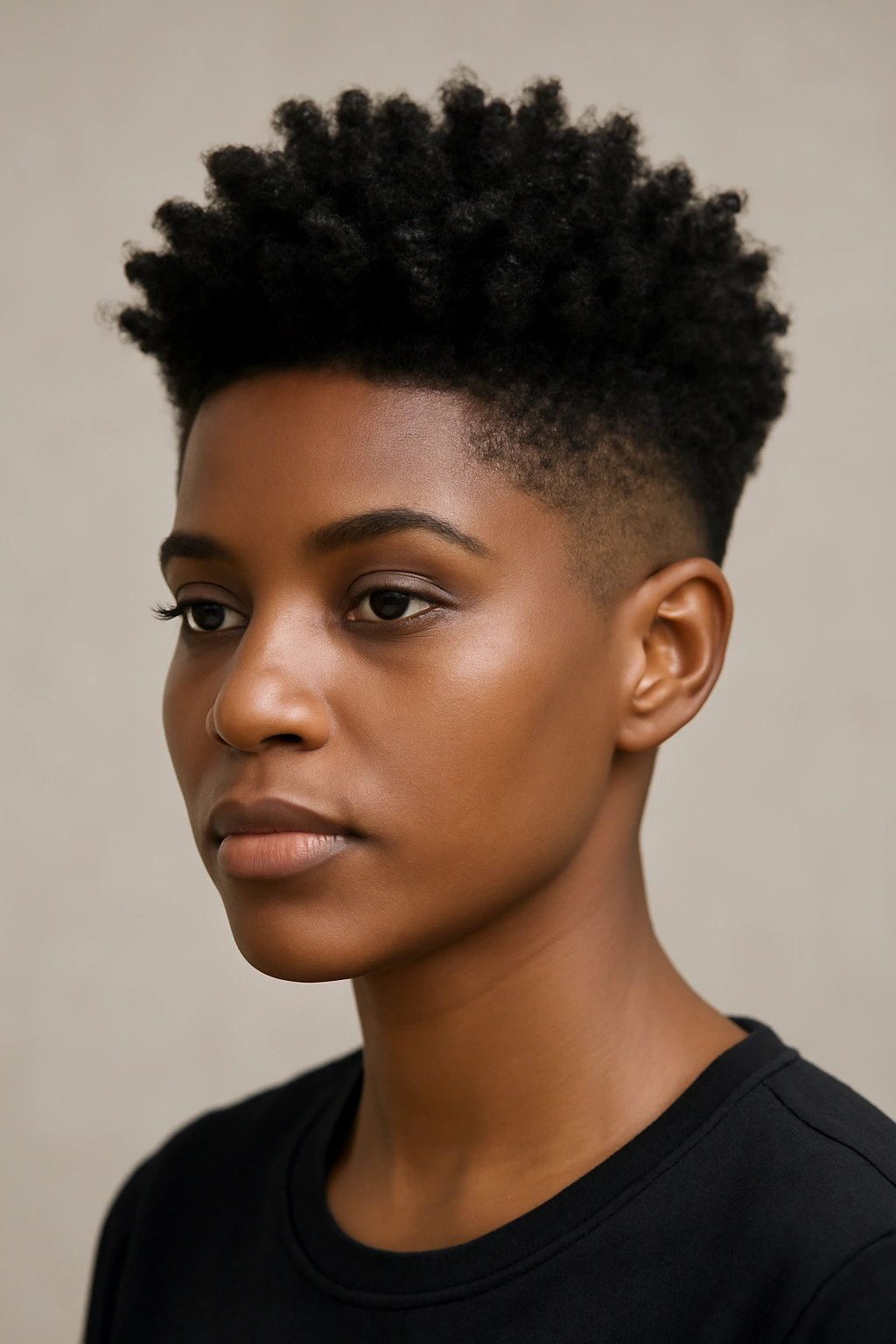 Portrait of a Black woman with a tapered fade and full textured top.