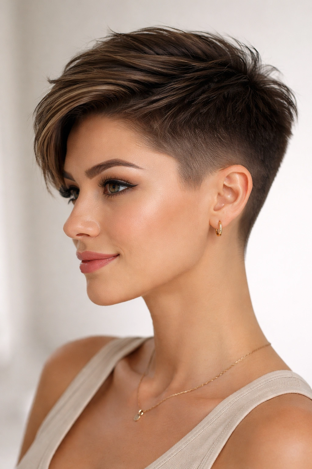 Tapered fade pixie with smooth, gradual fade on sides and longer top