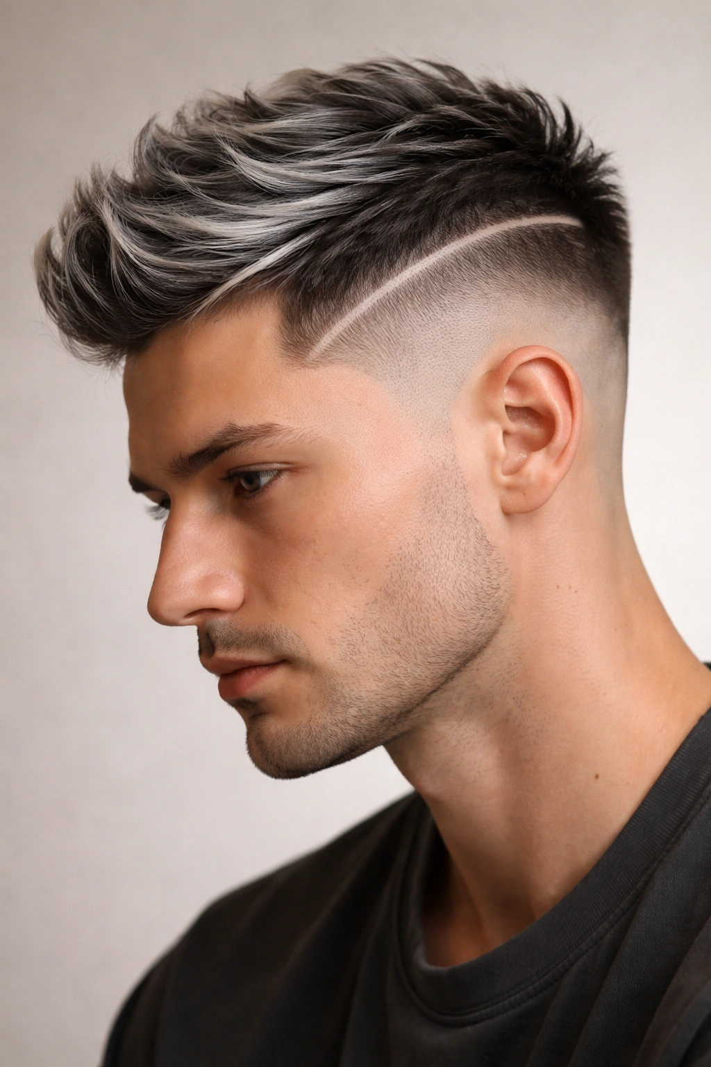 Close-up portrait of a head with a tapered fade and silver highlights emphasizing precision and geometry.