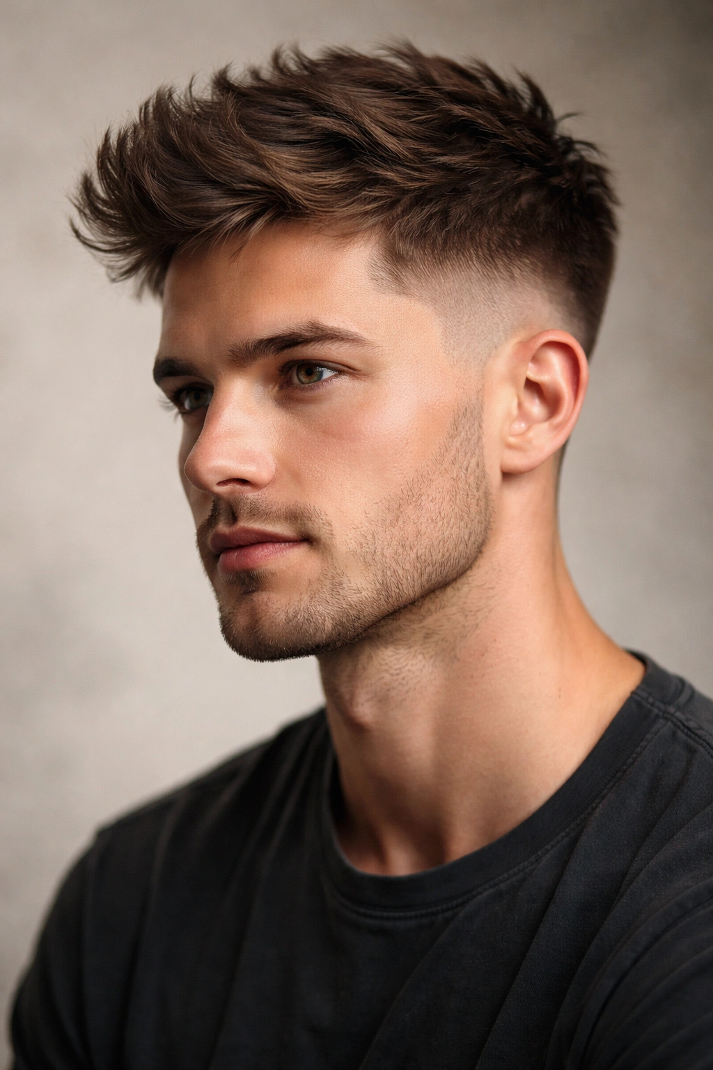 Portrait of a man with a tapered fade and textured top under studio lighting