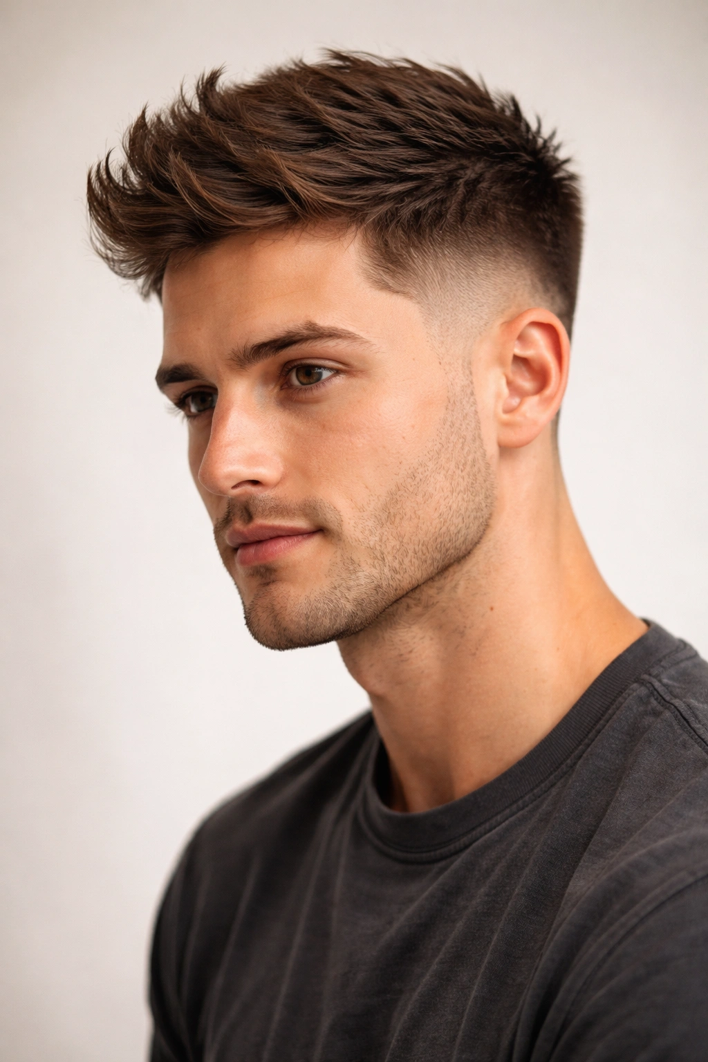 Portrait of a person with a tapered fade and textured top, highlighting oval-face proportions