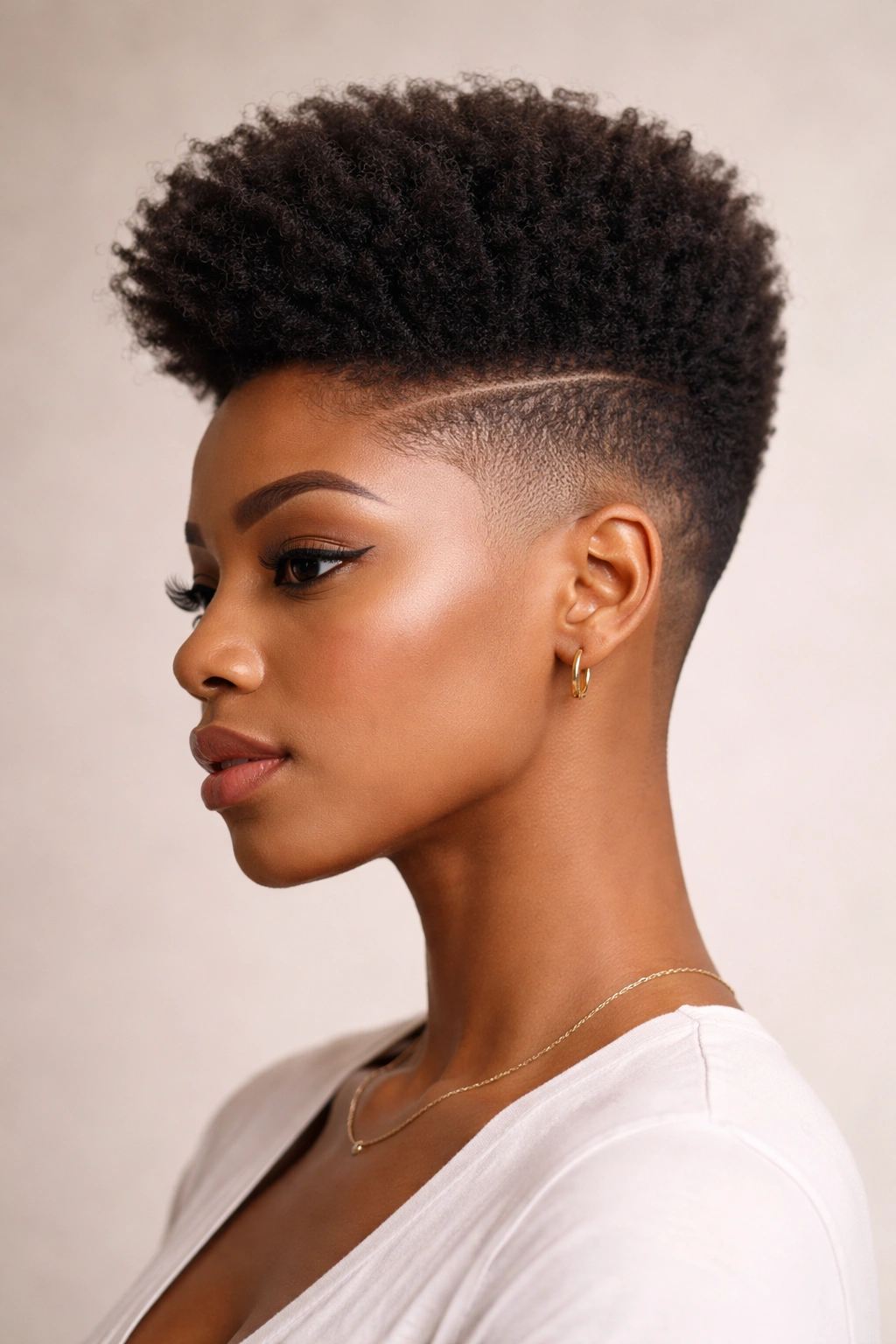 Side profile of tapered fade with height on top hairstyle