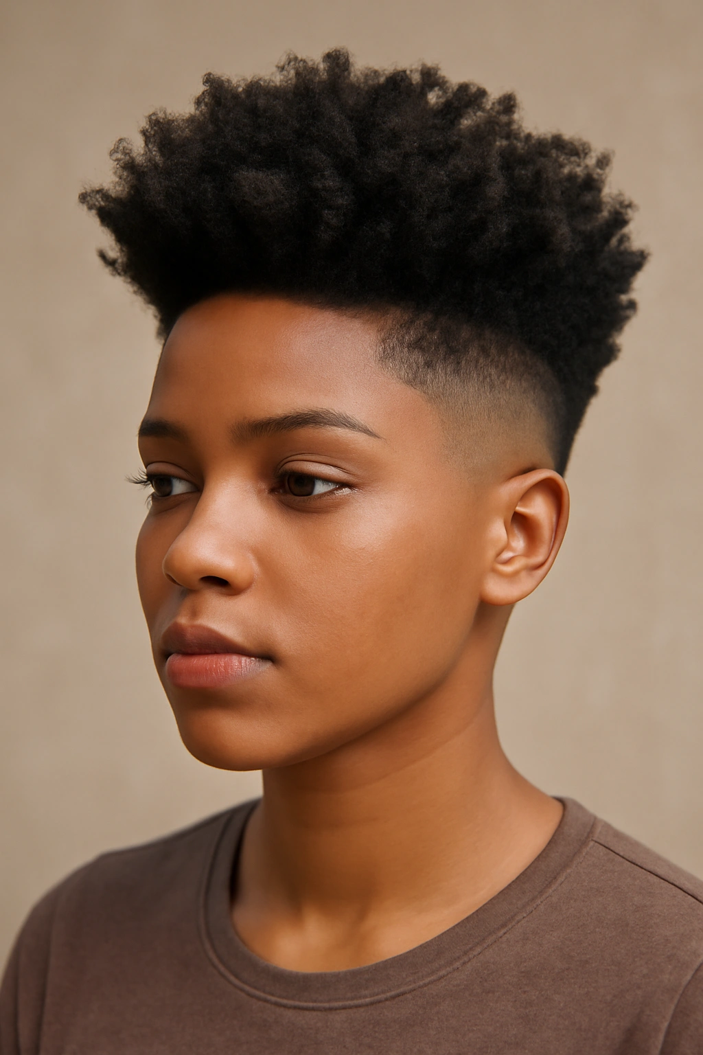 Portrait of a woman with a tapered fade and voluminous top, high-contrast styling