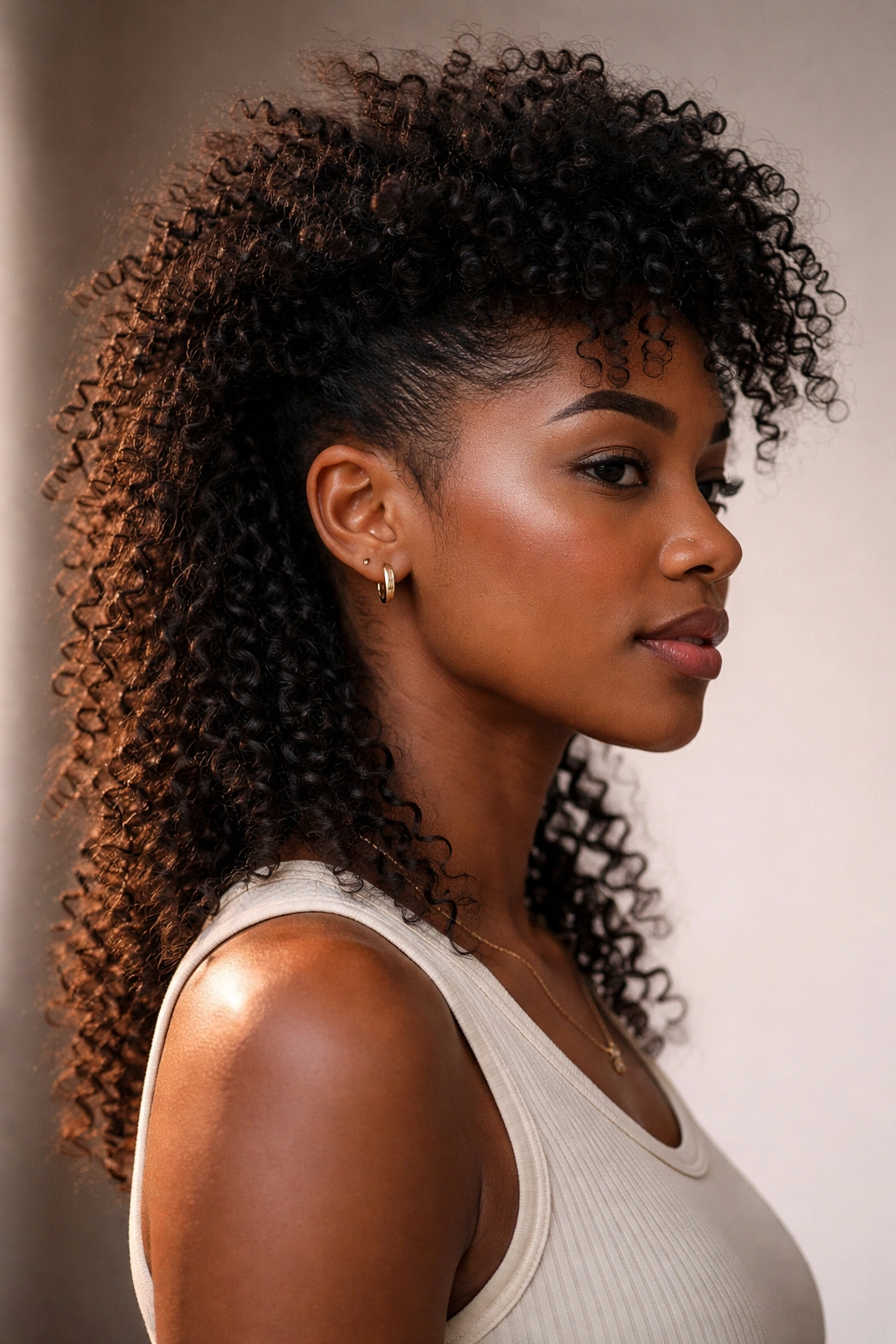 Three-quarter view of tapered kinky mullet with sides tapered and full kinky crown.