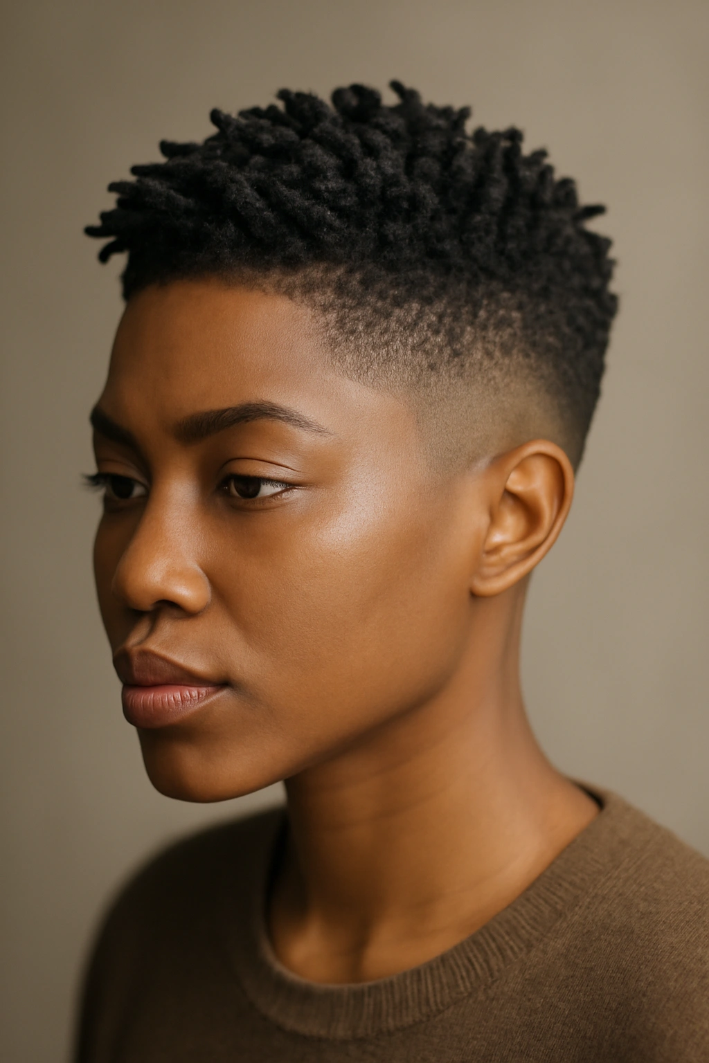 Close-up of tapered short locs with a side fade