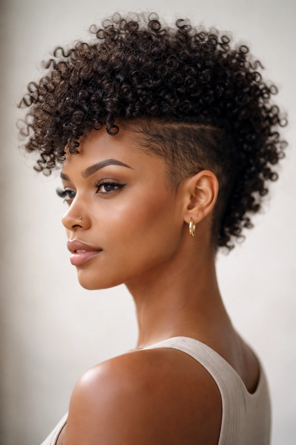 Close-up portrait of a woman with tapered sides and natural coils in a curly Mohawk