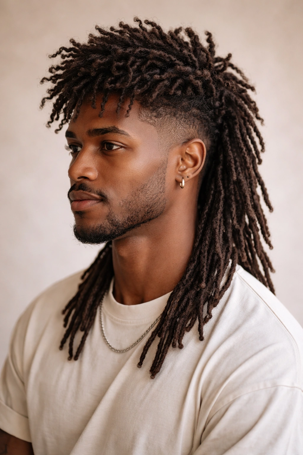 Close-up headshot of tapered mullet locs with textured top and longer back