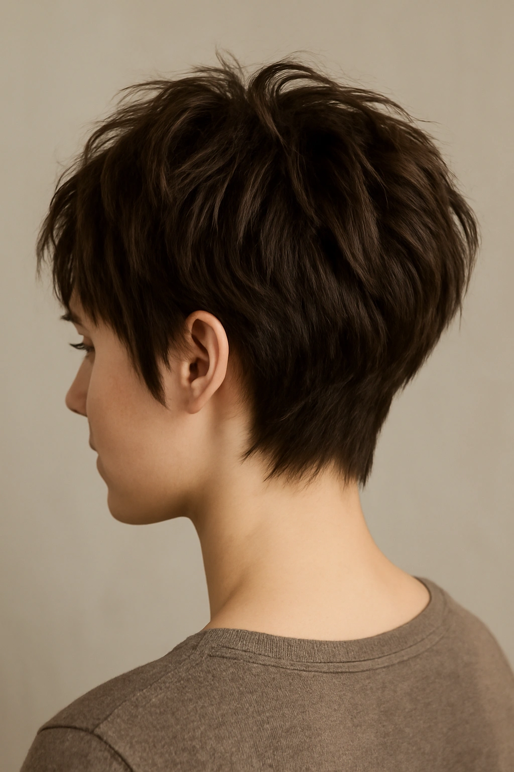 Portrait showing tapered nape shag with seamless transition to textured top layers.