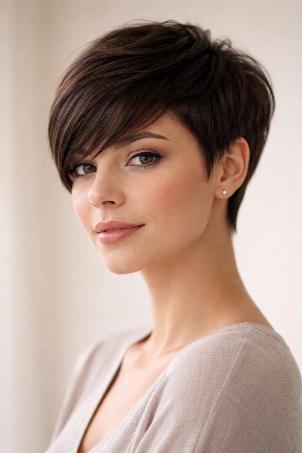 Front three-quarter view of a tapered pixie with longer bangs sweeping the forehead.