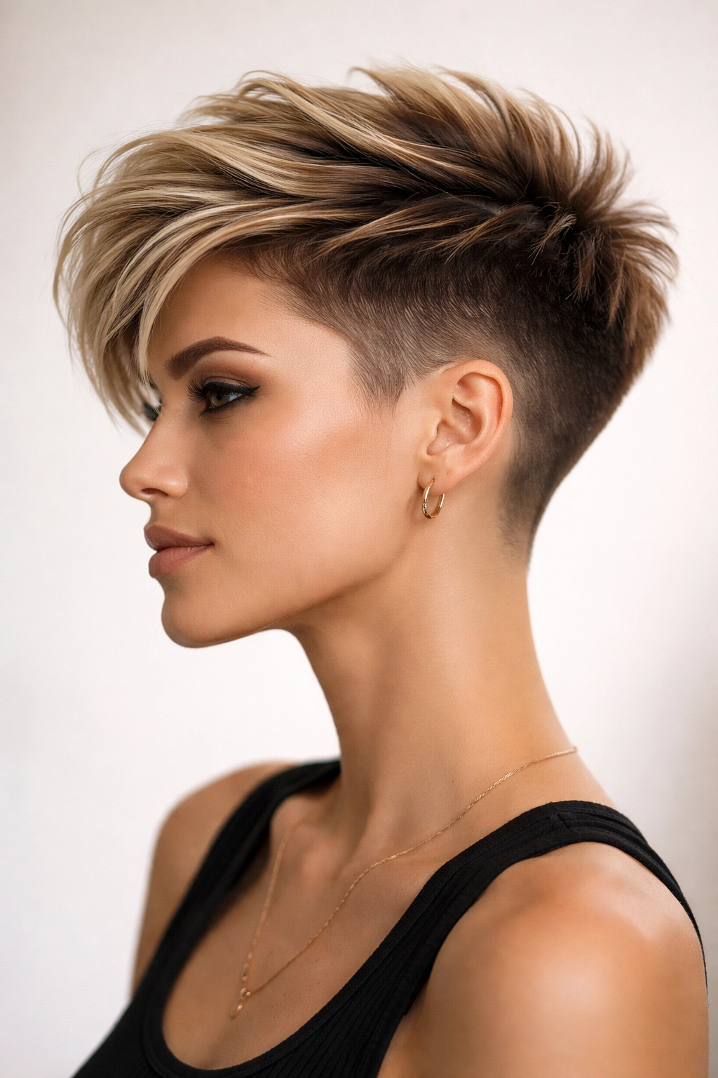 Side view of The Tapered Shaved Pixie with Extended Crown showing long top and subtle undercut.
