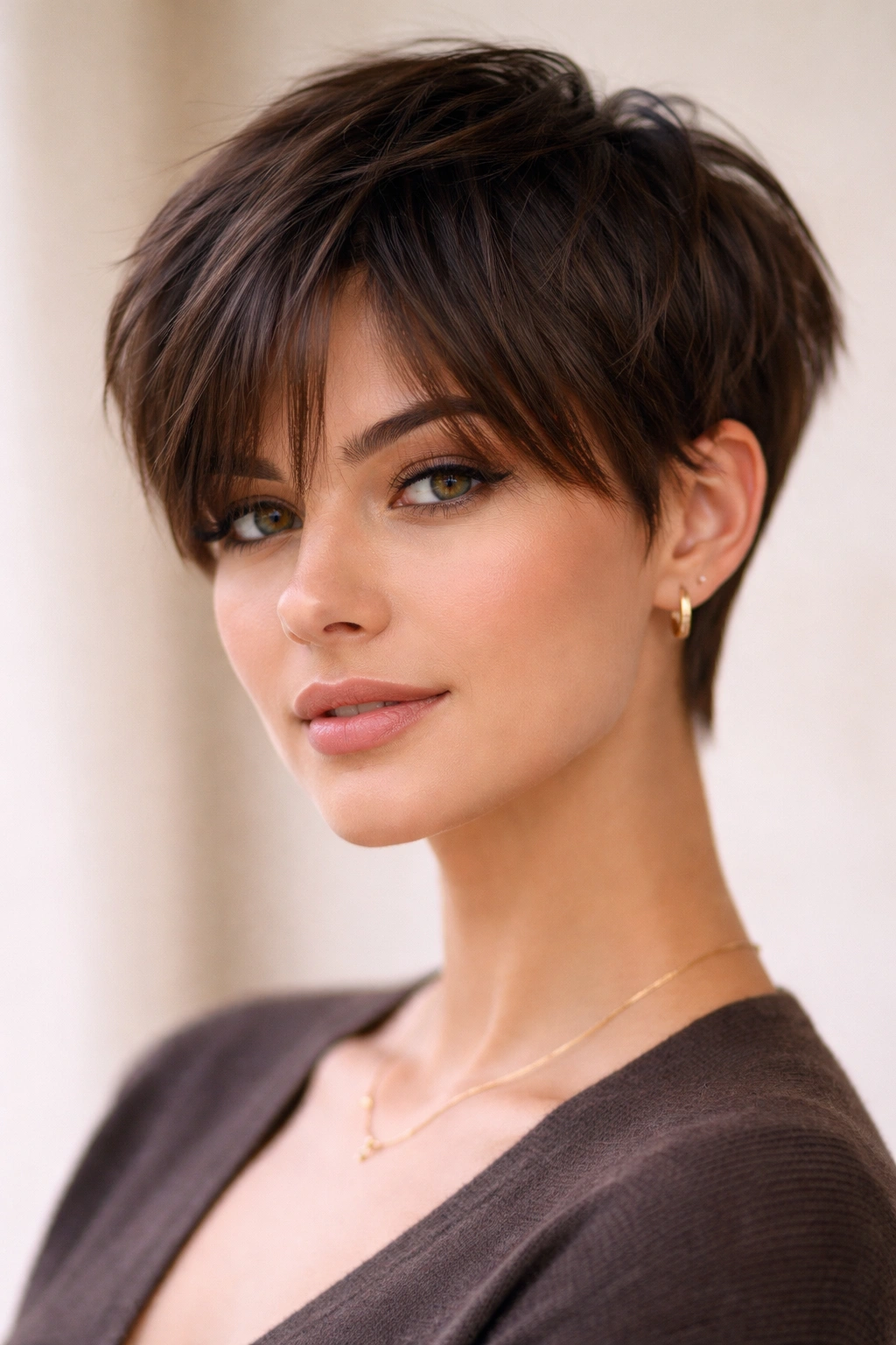 Portrait of The Tapered Pixie with Curtain Bangs with center-parted bangs and tapered sides.