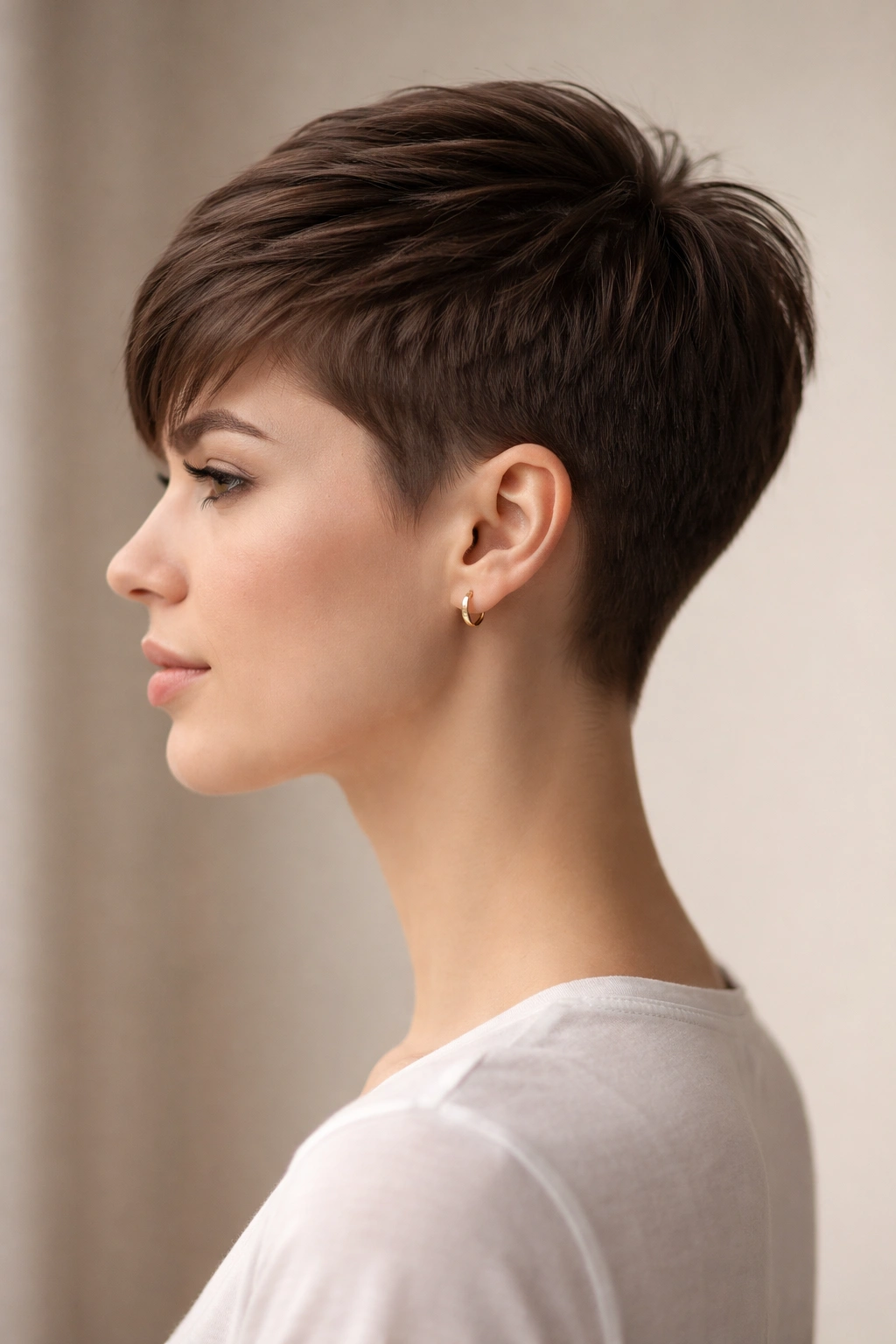 Profile view of tapered pixie with short sides and longer top