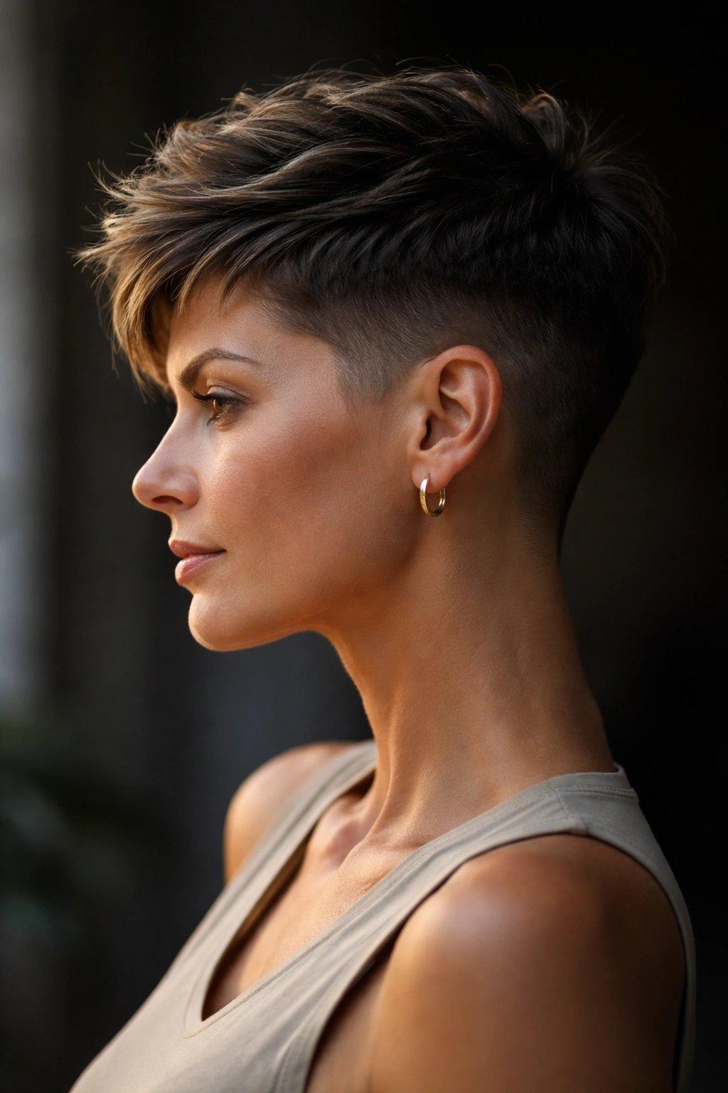Side profile of a tapered pixie fade with ultra-short sides and longer top.