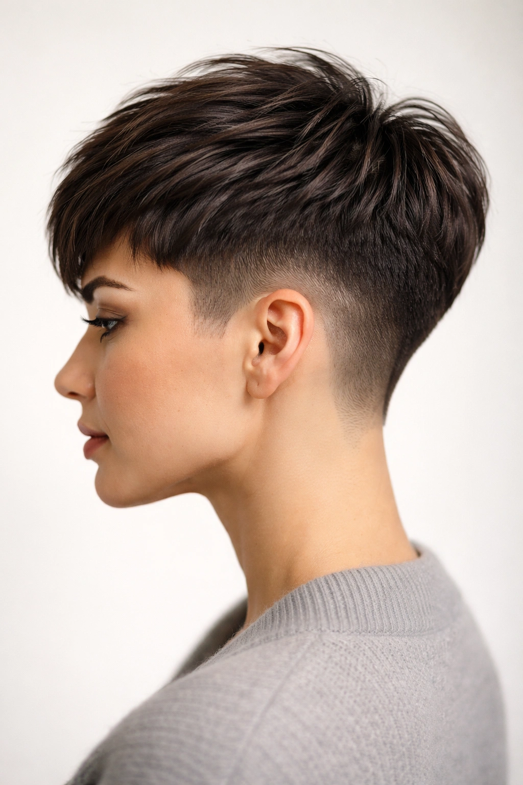 Close-up of a tapered pixie showing a fade from nape to crown and textured crown, studio lighting