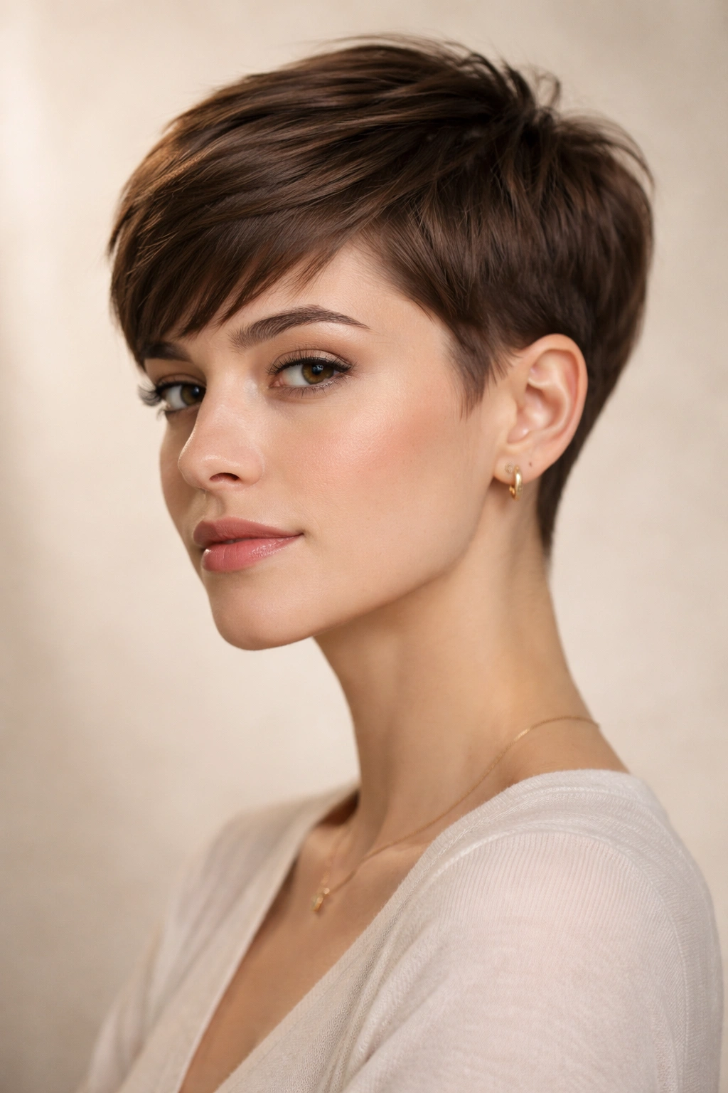 Close-up portrait of a person with a classic tapered pixie, 2-3 inch top and tapered sides in studio lighting