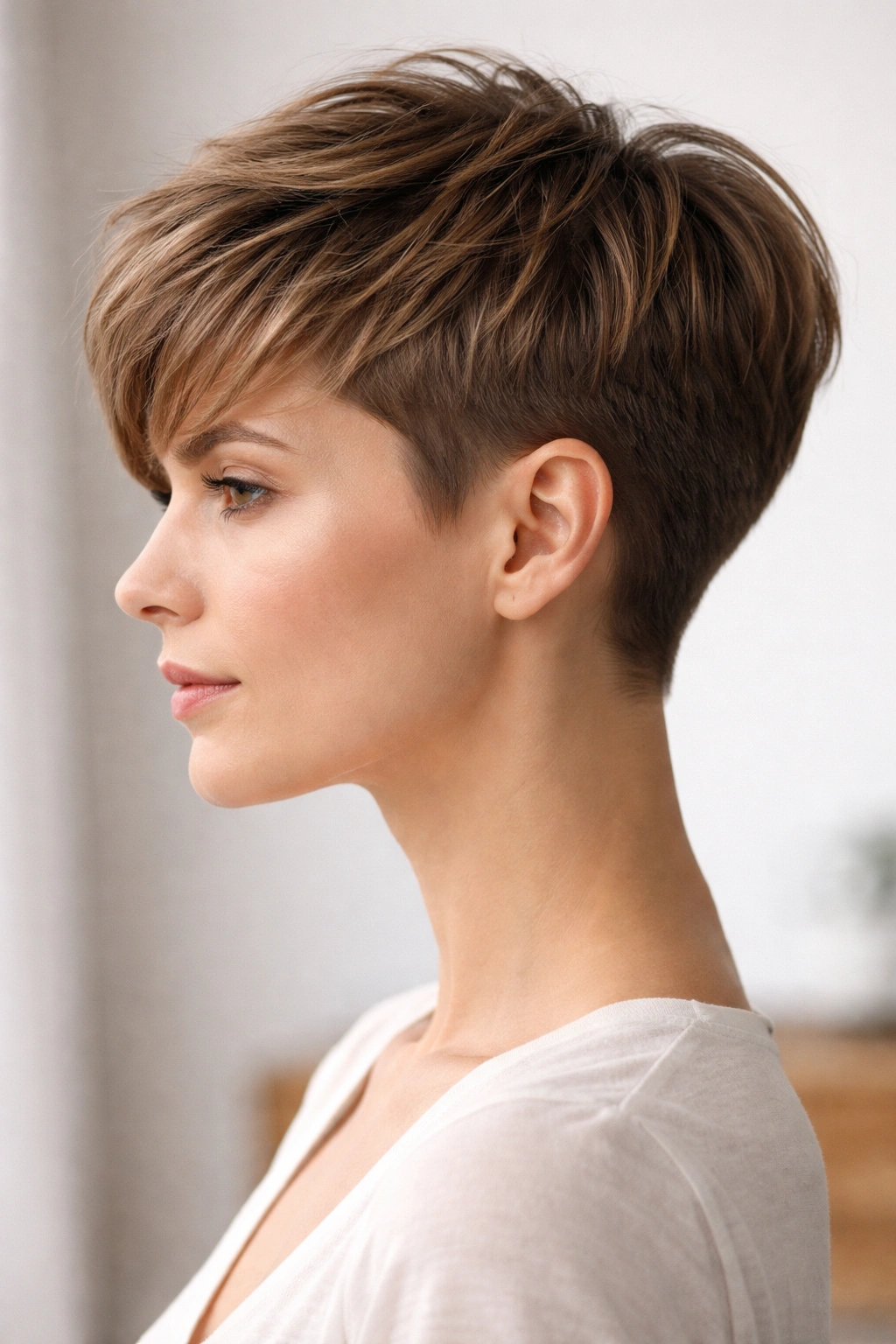 Tapered pixie with a clean gradient from temples to ears