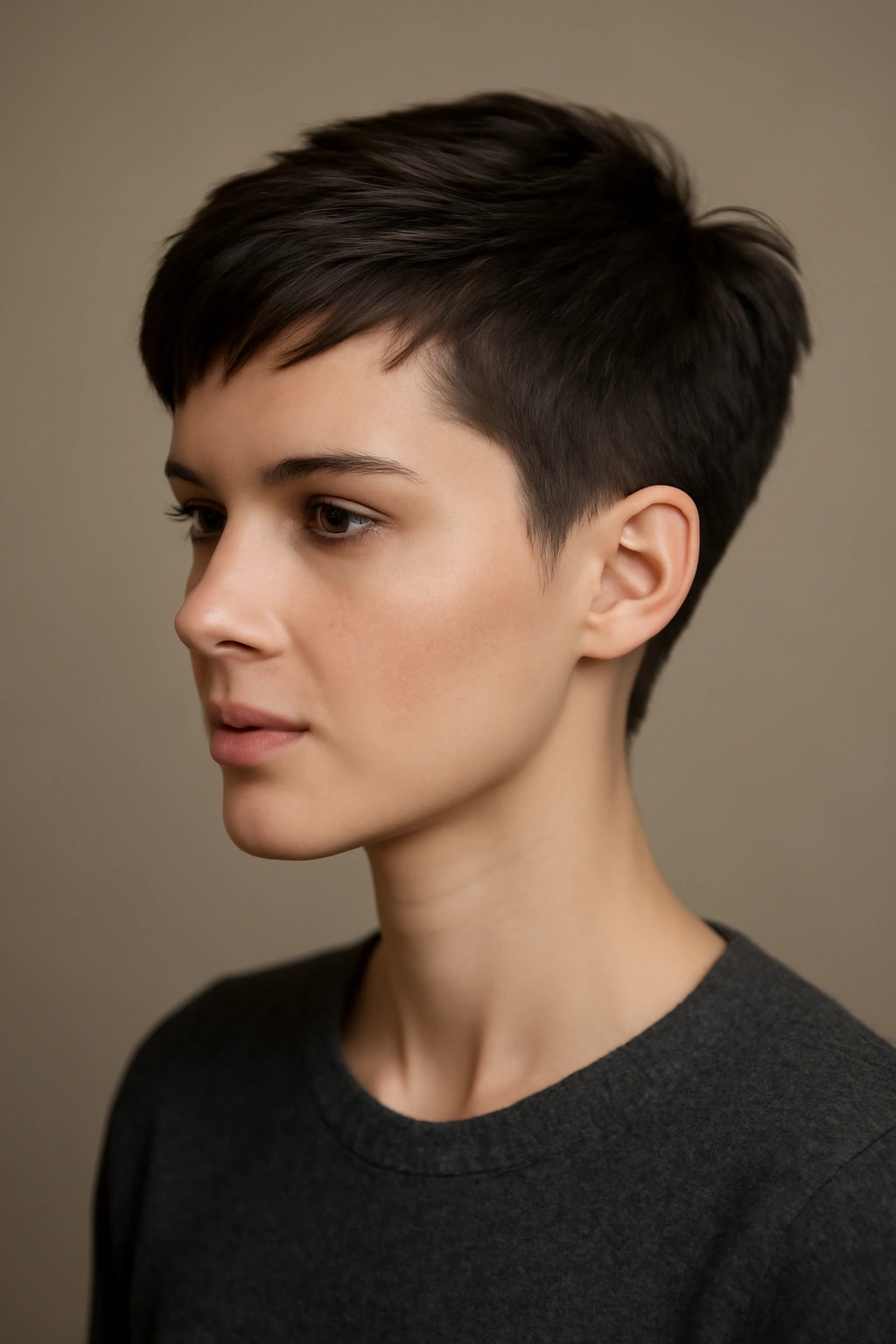 Portrait of The Tapered Pixie with gradual length increase toward the top in studio lighting