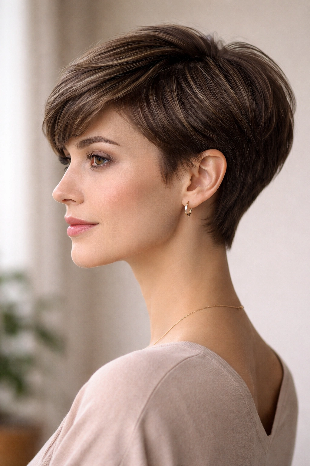 Profile view of a tapered pixie cut balancing a narrow or oblong face.