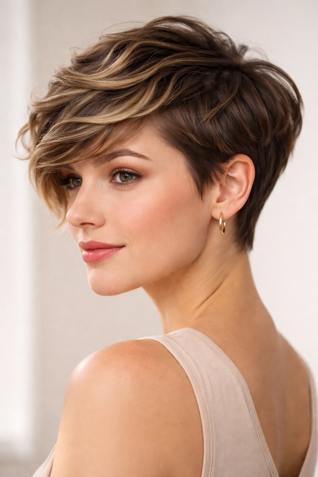 Tapered pixie with a longer side swept across the forehead