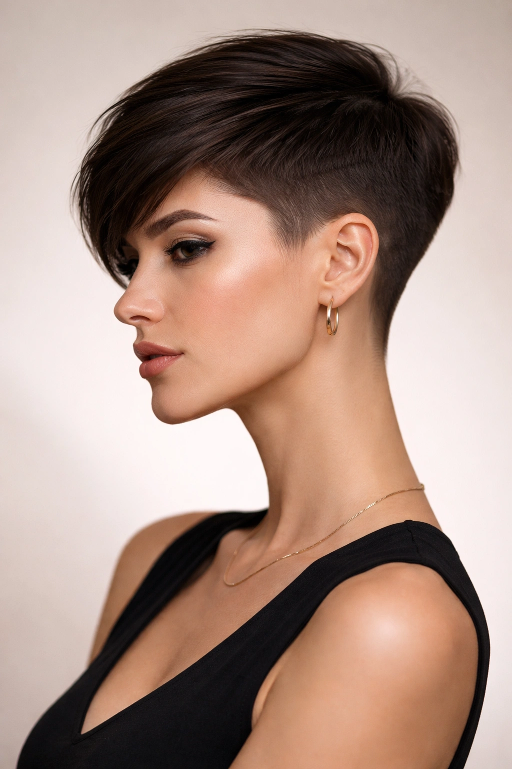 Portrait of a person with an elegant tapered pixie and long undercut, high-contrast silhouette