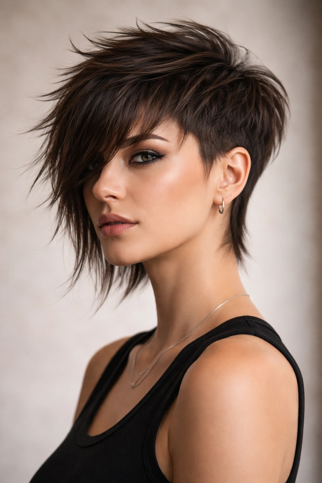 Three-quarter portrait of Tapered Asymmetrical Shag with layered top and sharp taper