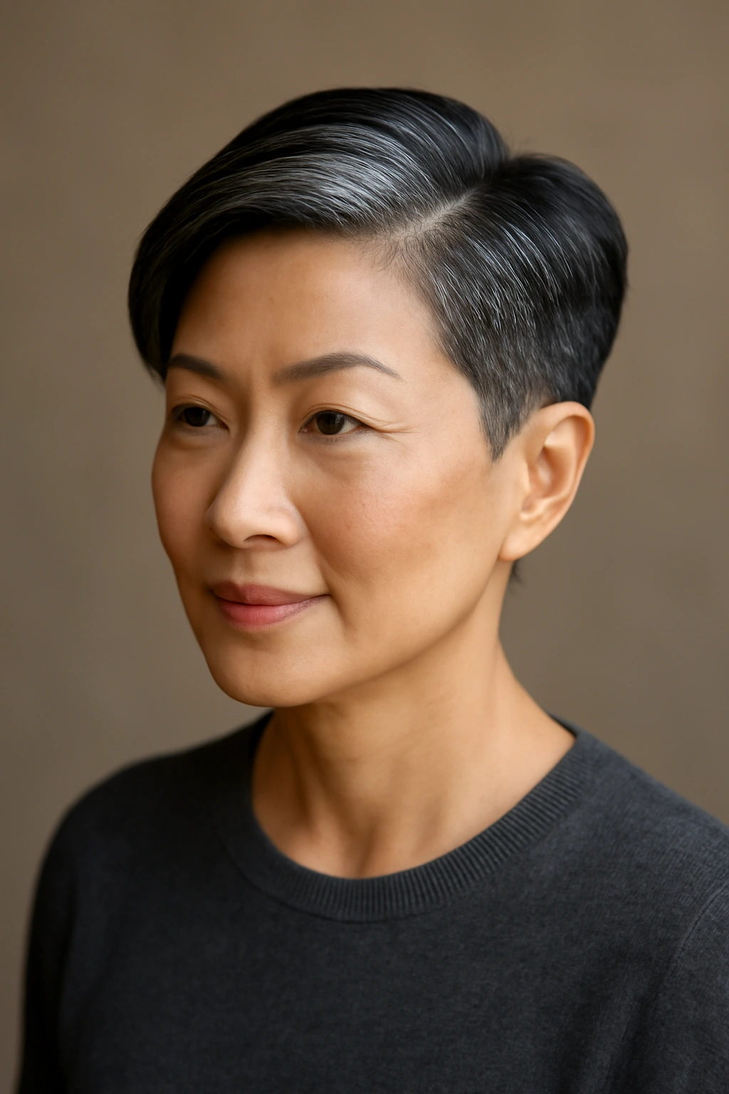 Portrait of a woman with a sharp side part and tapered sides, conveying a polished look.