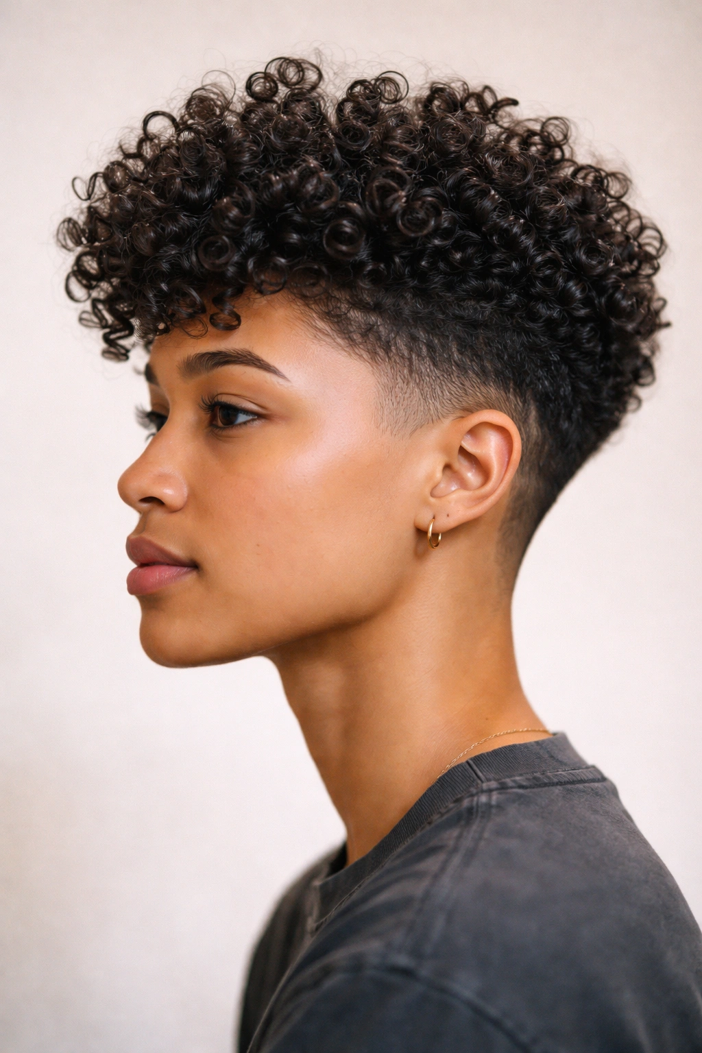 Profile view of tapered sides with a fuller curly crown on type 3 curls