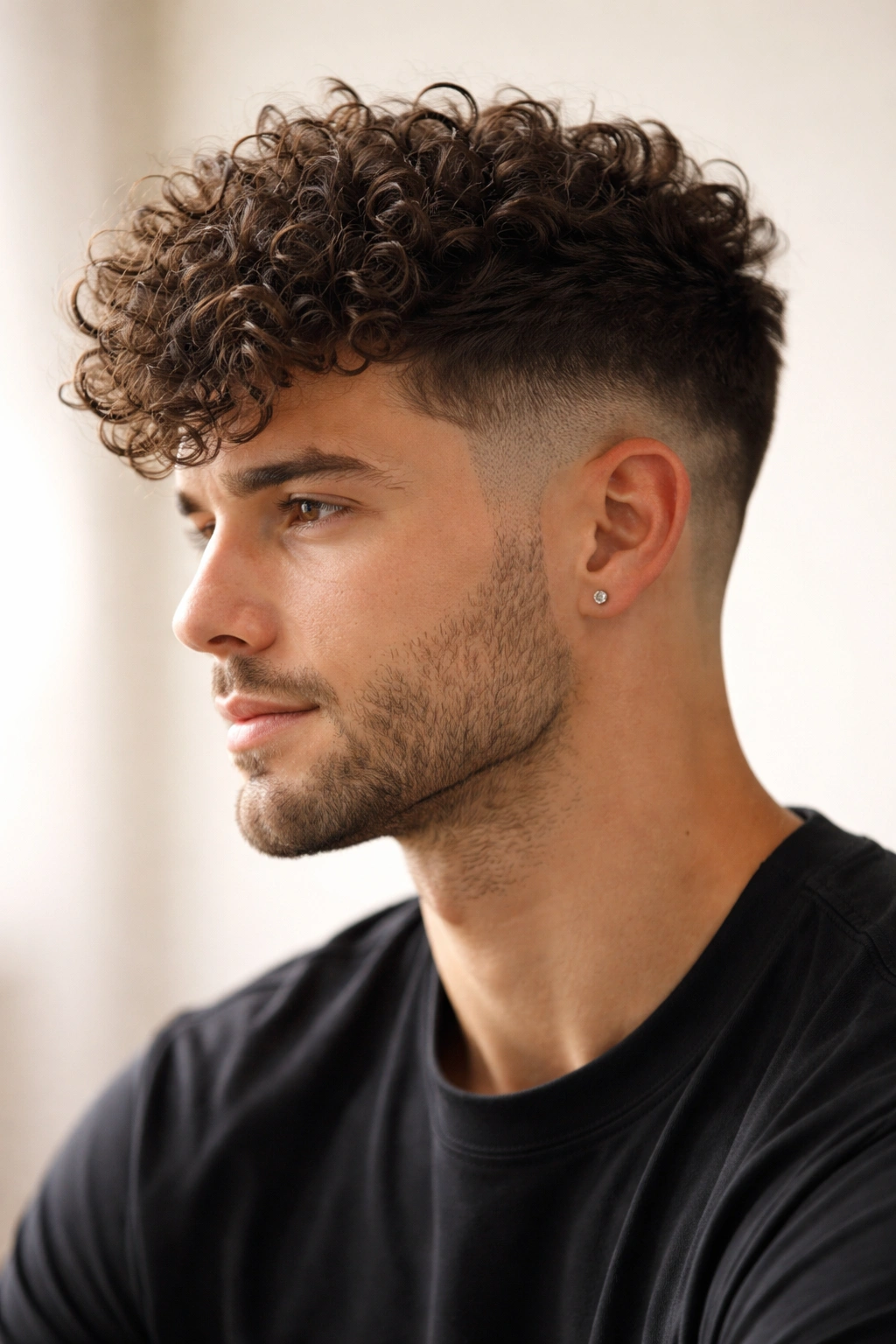 Portrait of a man with tapered sides and a large voluminous top.