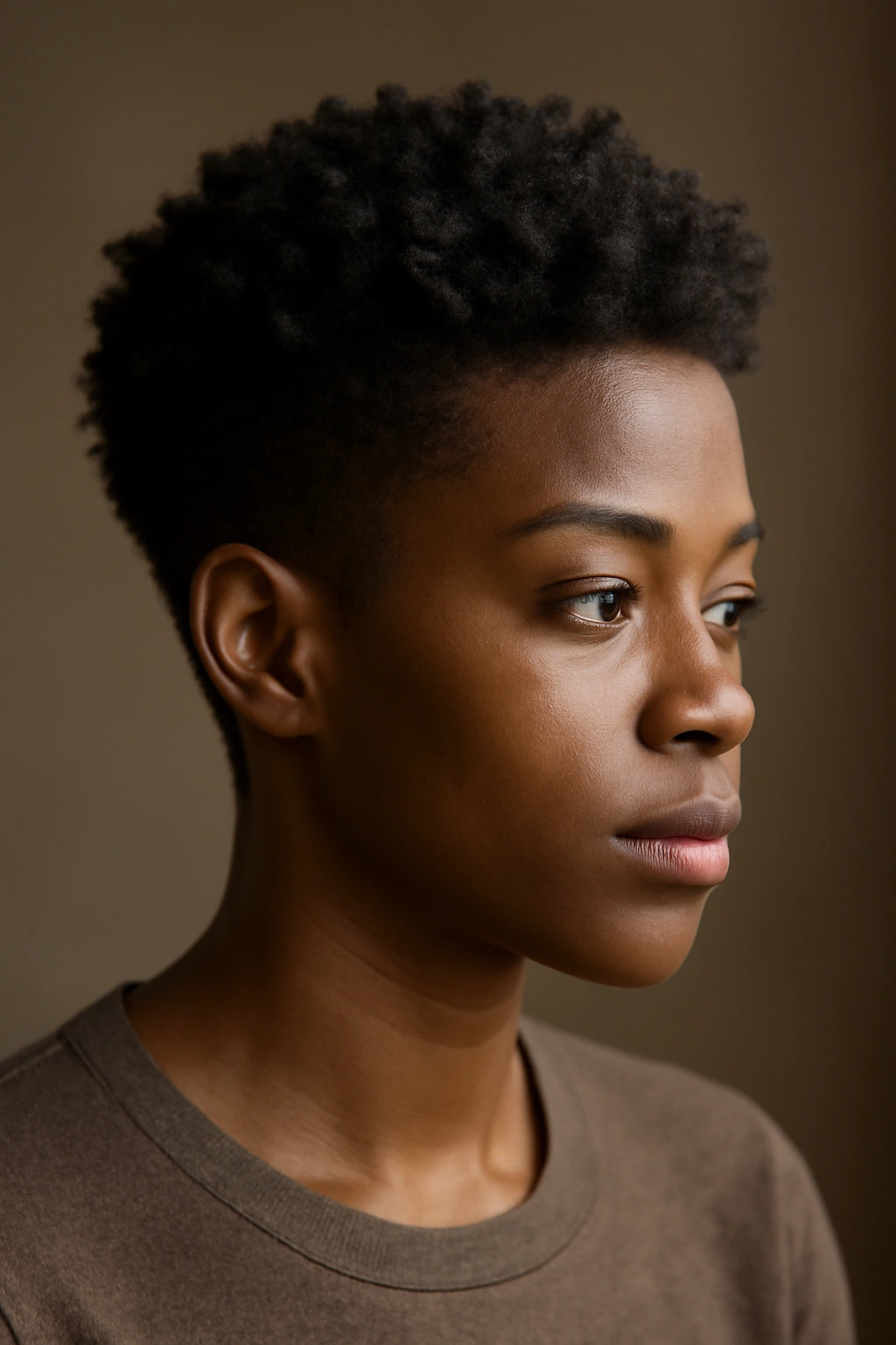 Portrait of a person with a tapered TWA showing defined coils on top