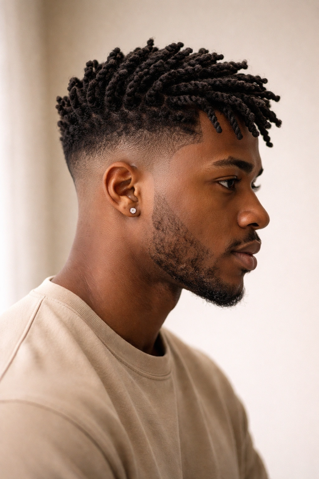 Tapered twist fade with crown twists and faded sides