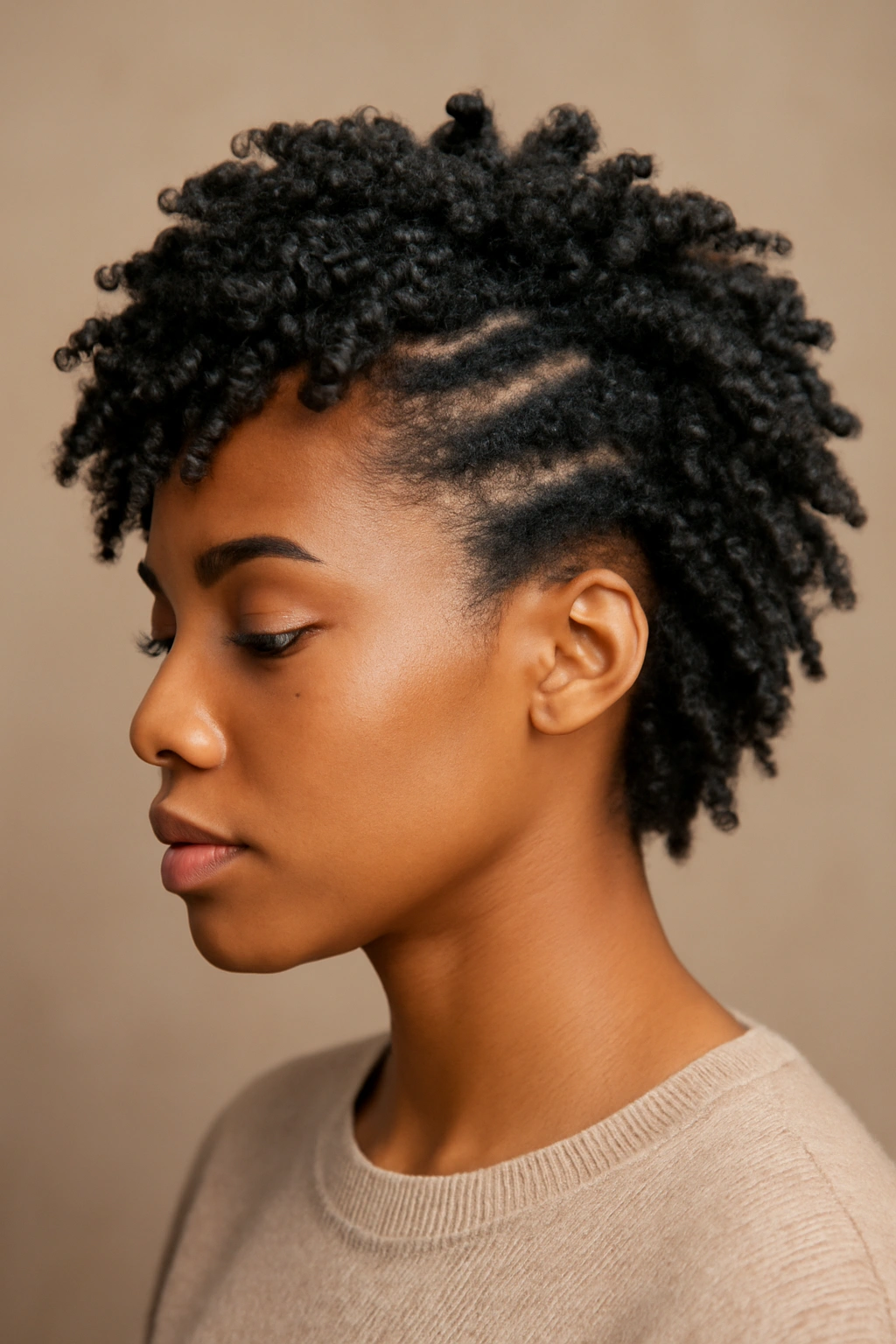 Close-up of tapered twists from thick roots to thin ends on short natural hair