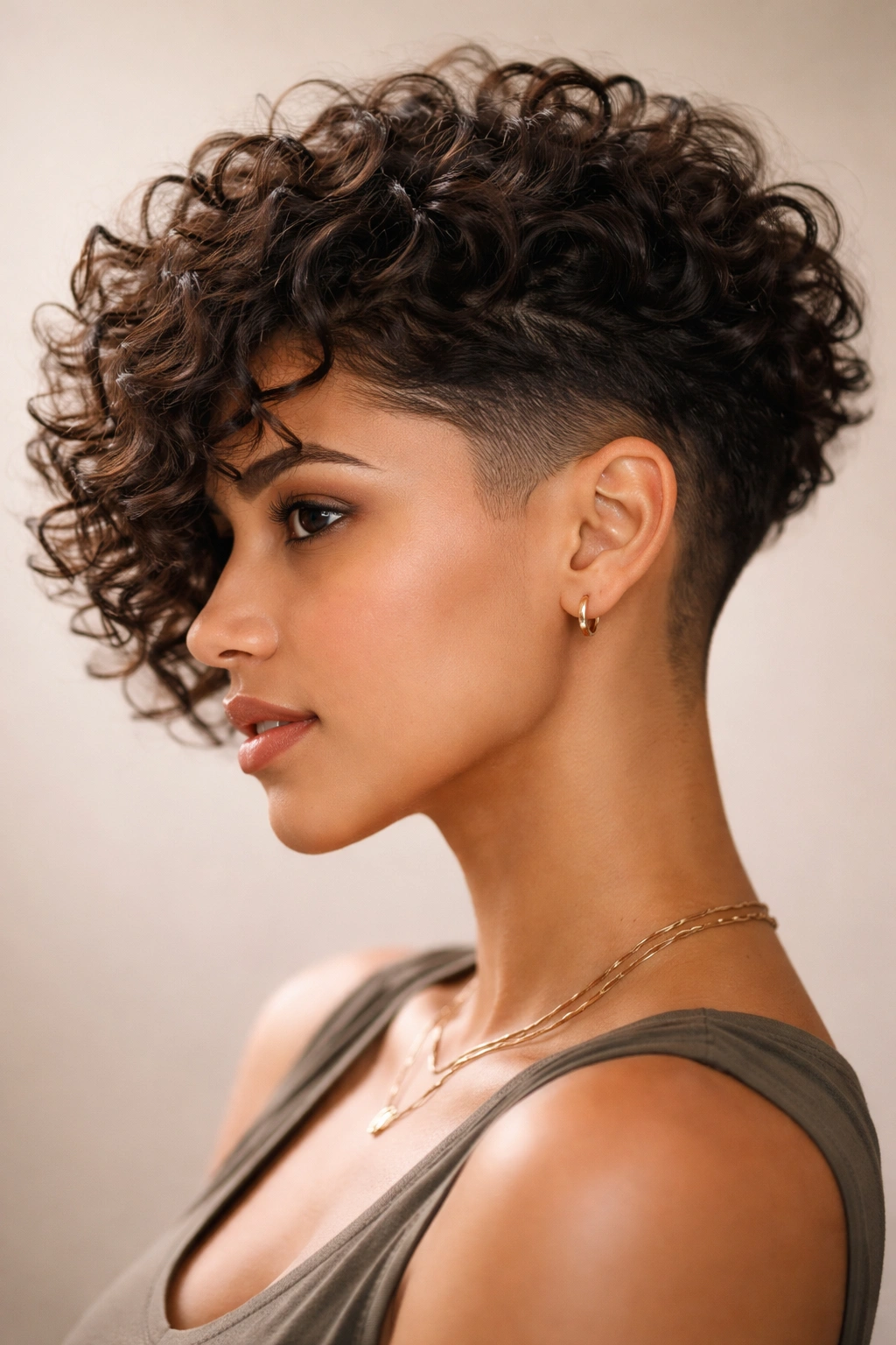 Portrait of Tapered Undercut Curly Bob showing long top and short sides