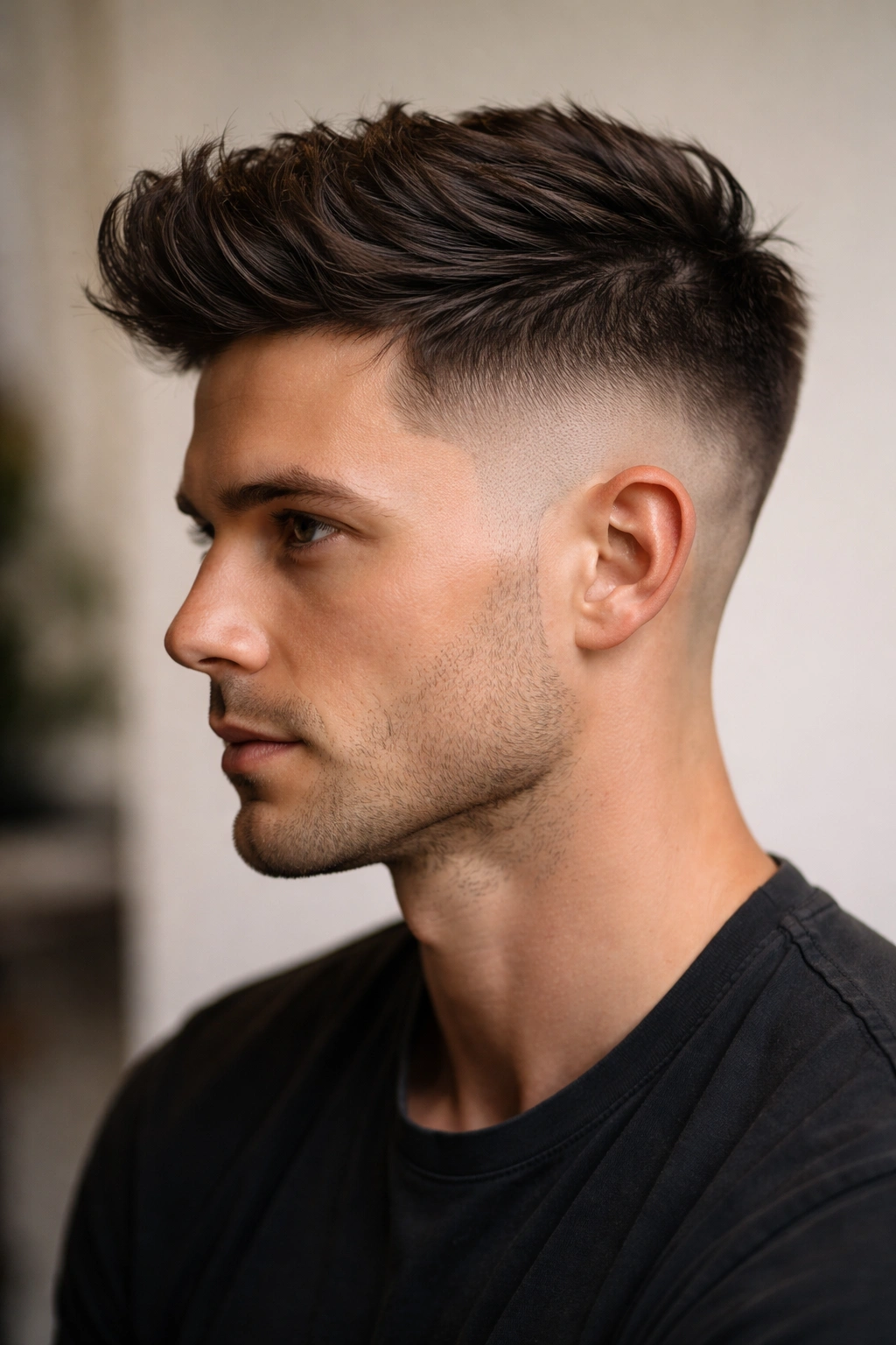 Profile view of The Tapered Undercut showing fade on the sides and longer top in studio
