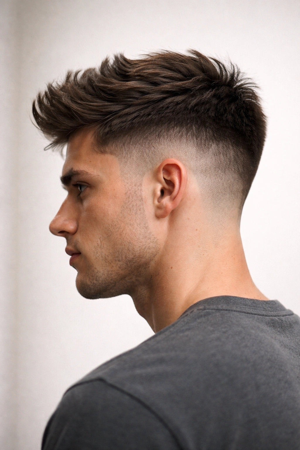Profile view showing tapered undercut with shaved sides and longer top