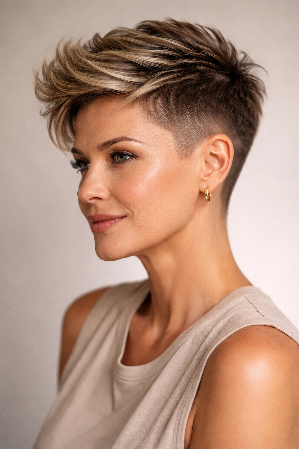 Close-up of a woman with a tapered undercut and longer top, studio lighting.