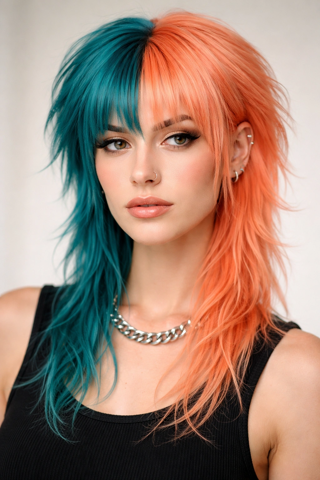Teal and peach color-blocked mullet with sharp color separation