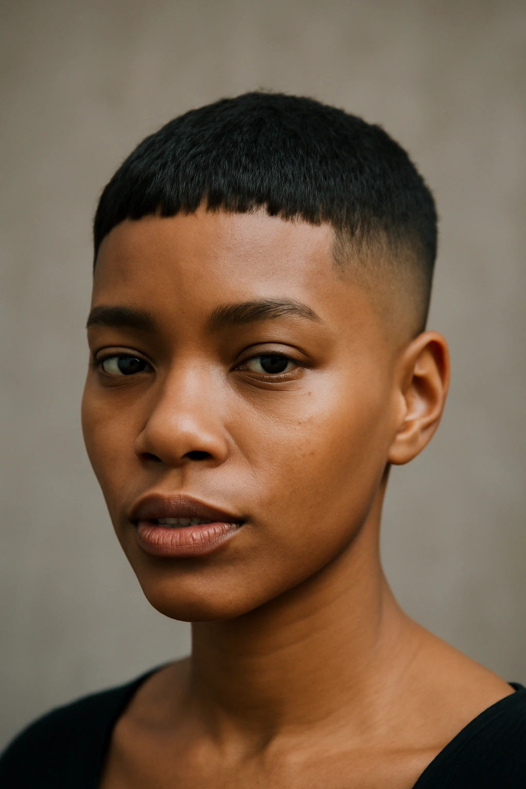 Portrait of a Black woman with teeny fringe and faded sides