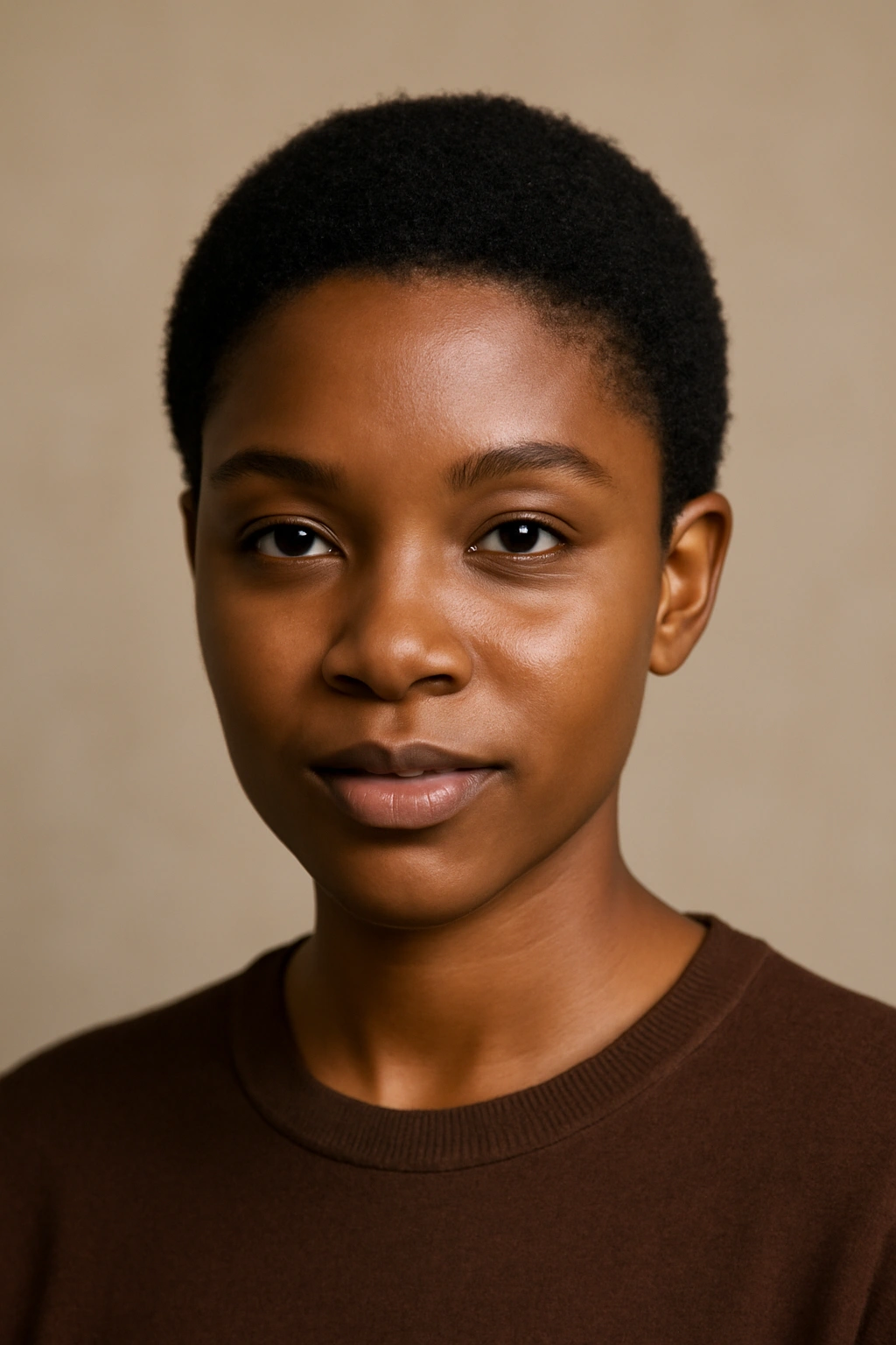Close-up of a teeny weeny afro on a Black woman.