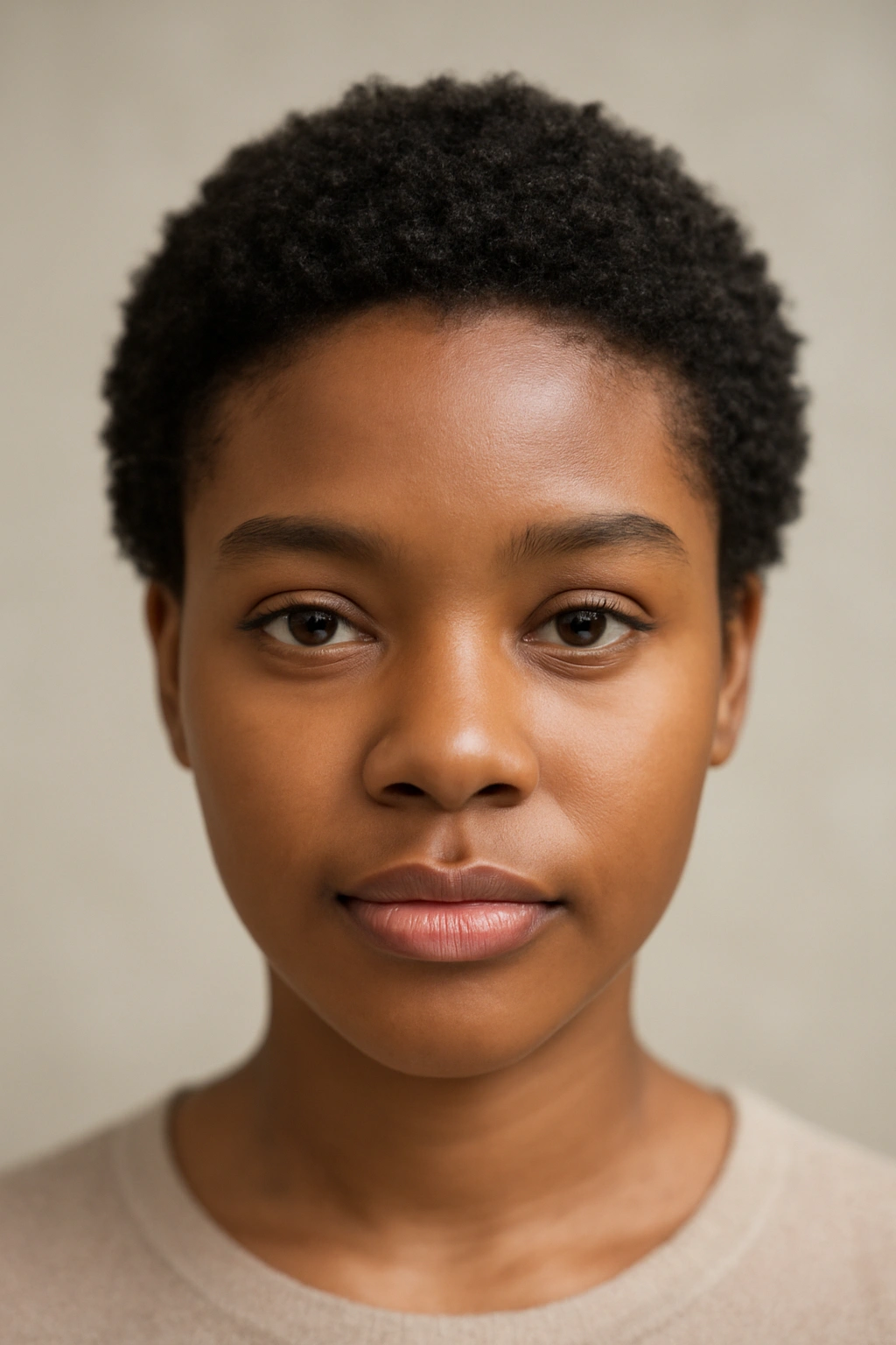 Close-up of a Black woman with a very short Teeny Weeny Afro showing natural shrinkage