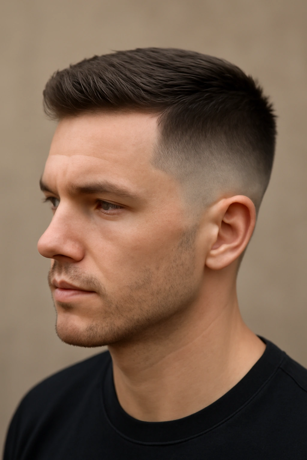 Portrait of a man with a temple fade, crisp temple lines and longer top for versatile styling.